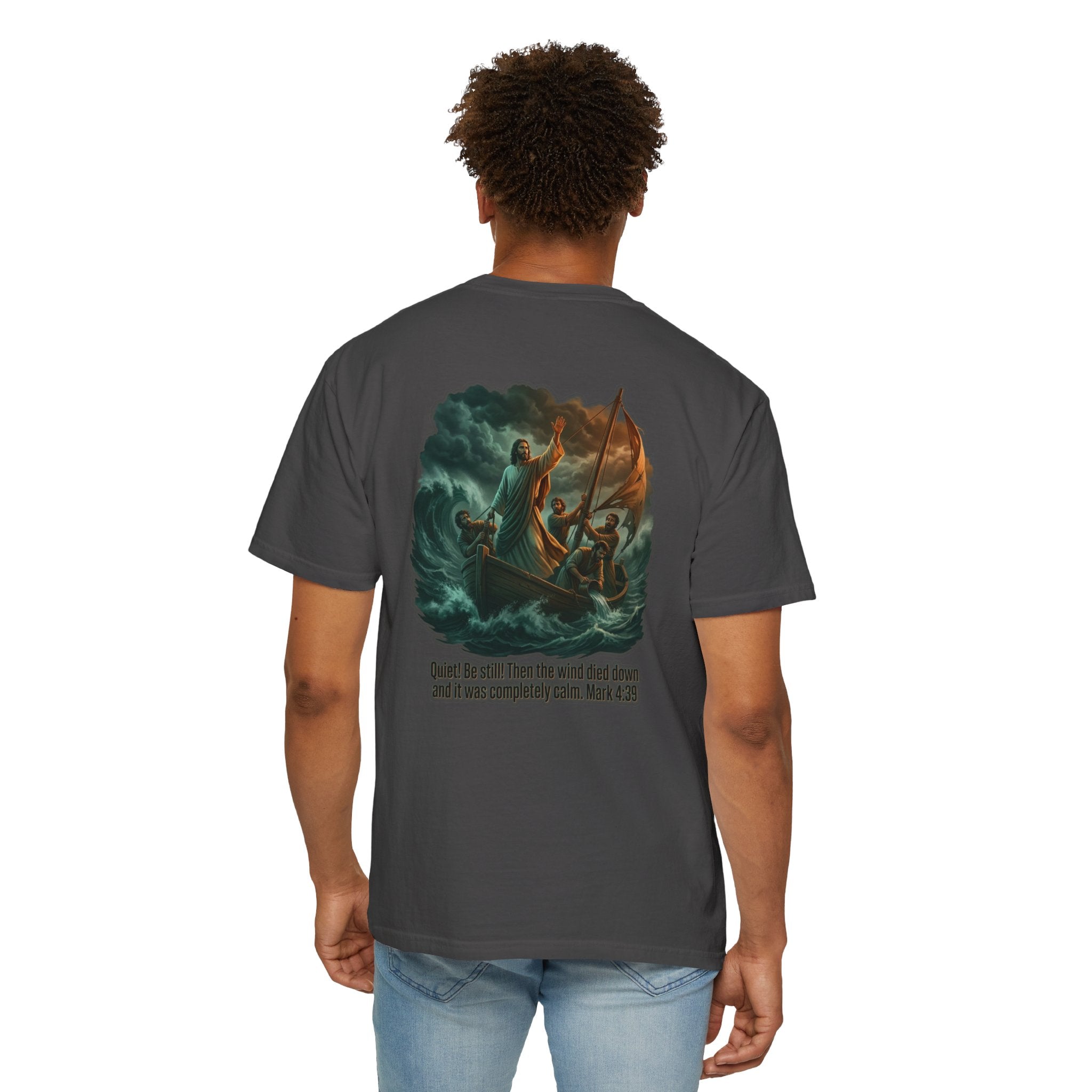 Christian Faith T-Shirt — 'He Said, "Be Still"' Boat Scene with Matthew 8:23-27 Biblical Tee
