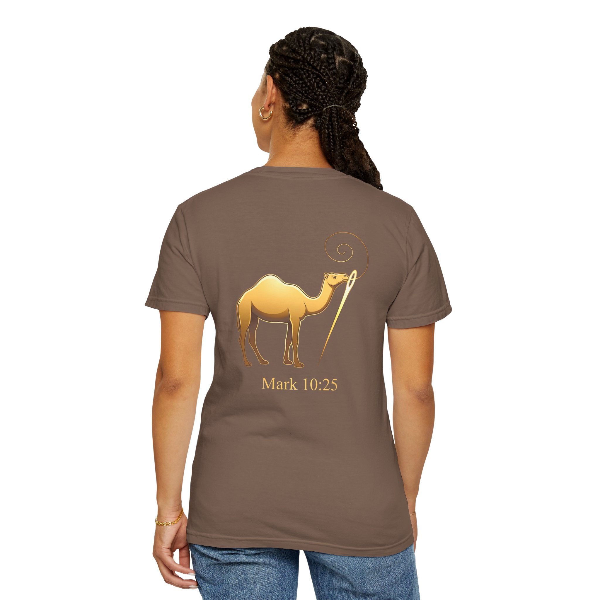 Christian Cross T-Shirt with Gold Camel & "Mark 10:25" Back — Religious Faith Tee