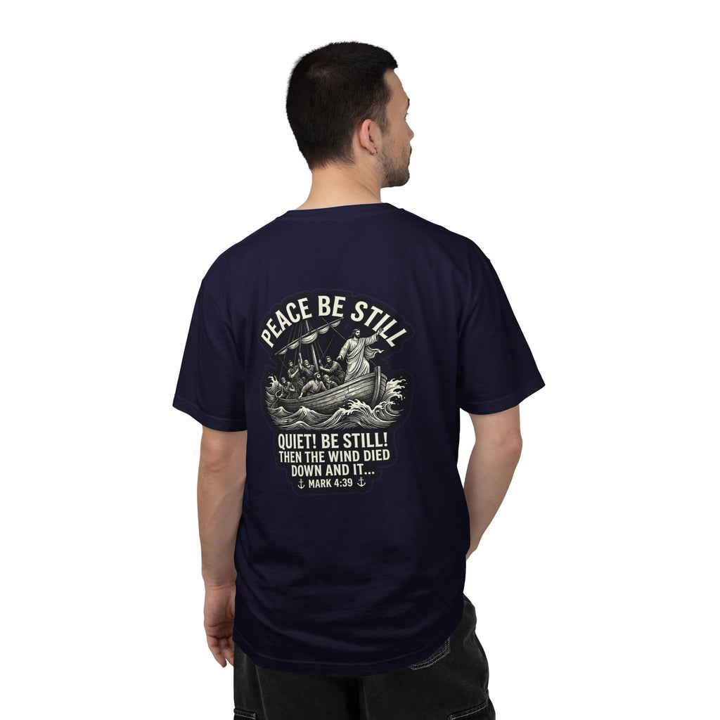 Christian T-Shirt — "Peace Be Still" Bible Verse Cross Tee
