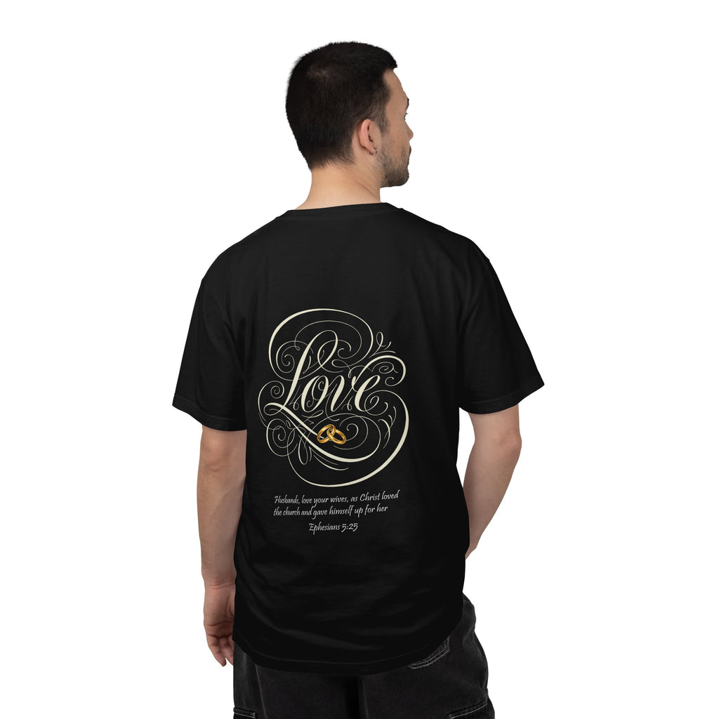 Christian Love Tee — Scripture Cross Back Design (1 John 4:19)