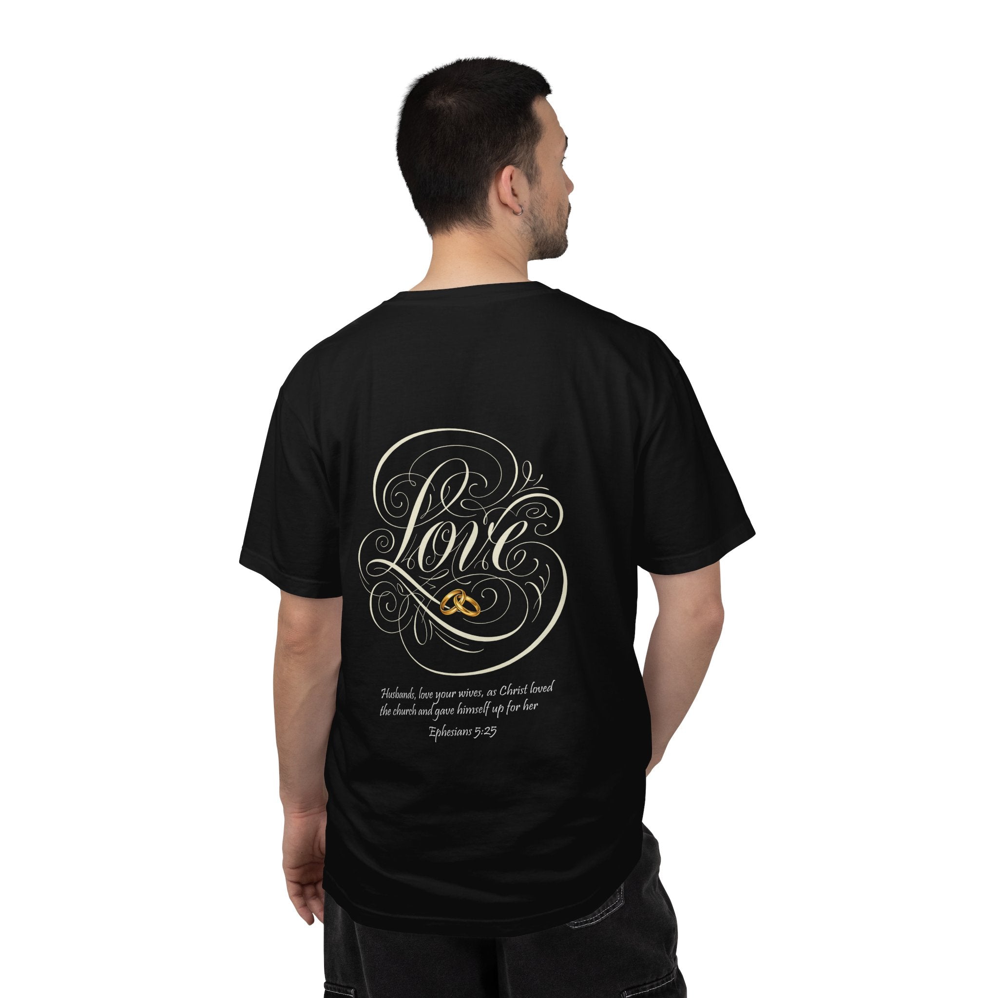 Christian Love Tee — Scripture Cross Back Design (1 John 4:19)
