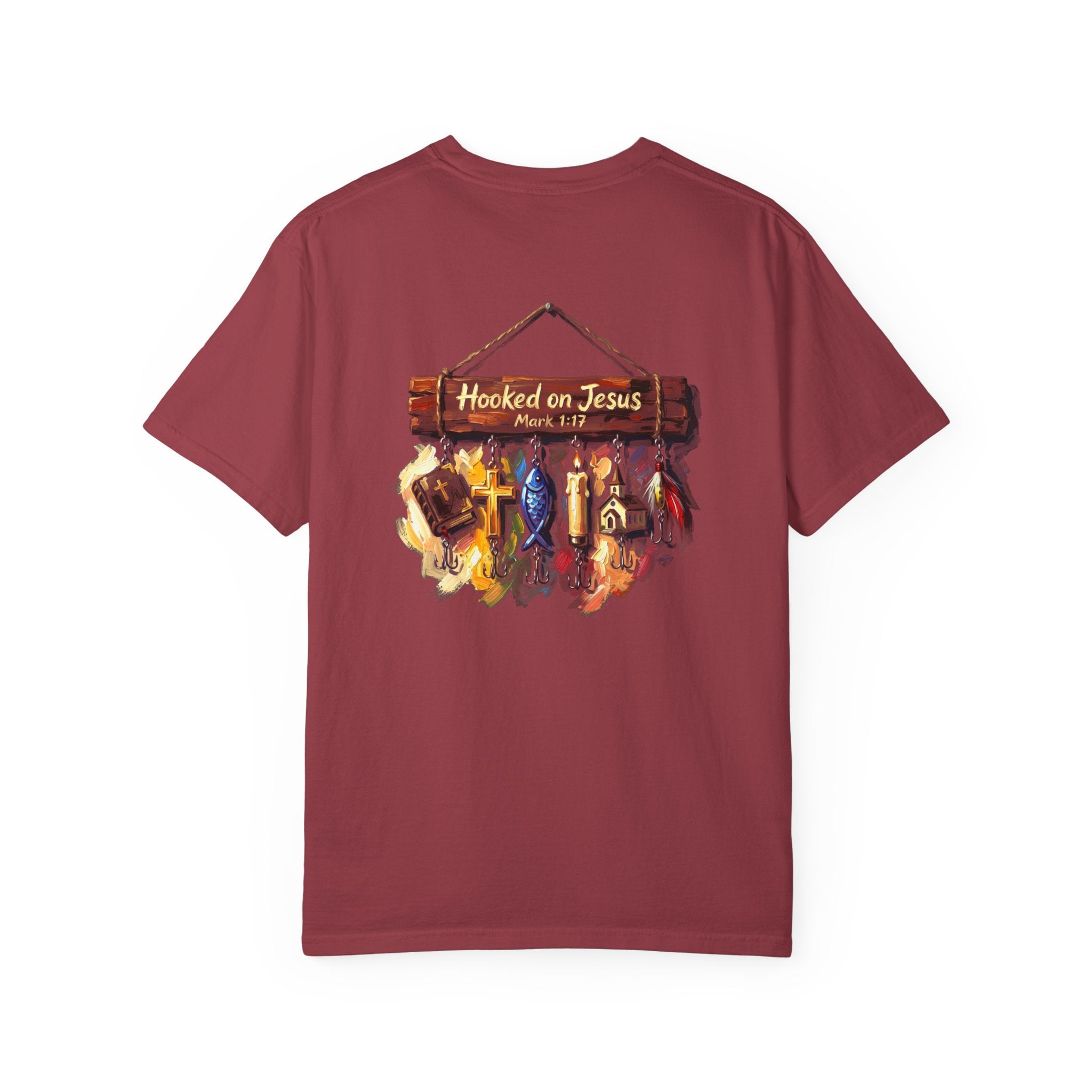 Christian Fishing T-Shirt — “Hooked on Jesus” Graphic Tee with Small Front Cross