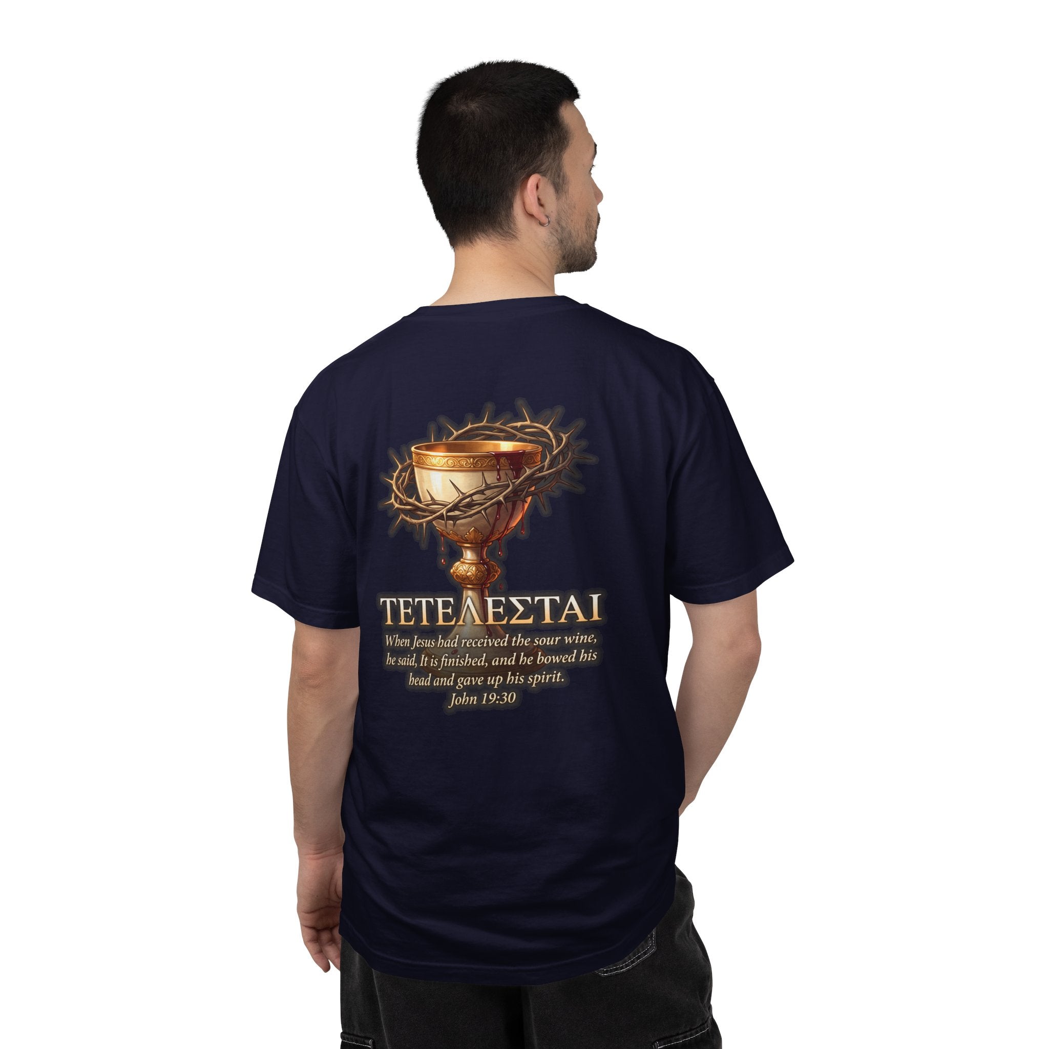 Christian Cross T-Shirt — 'Teteteazai' Chalice Scripture Tee (John 19:30)