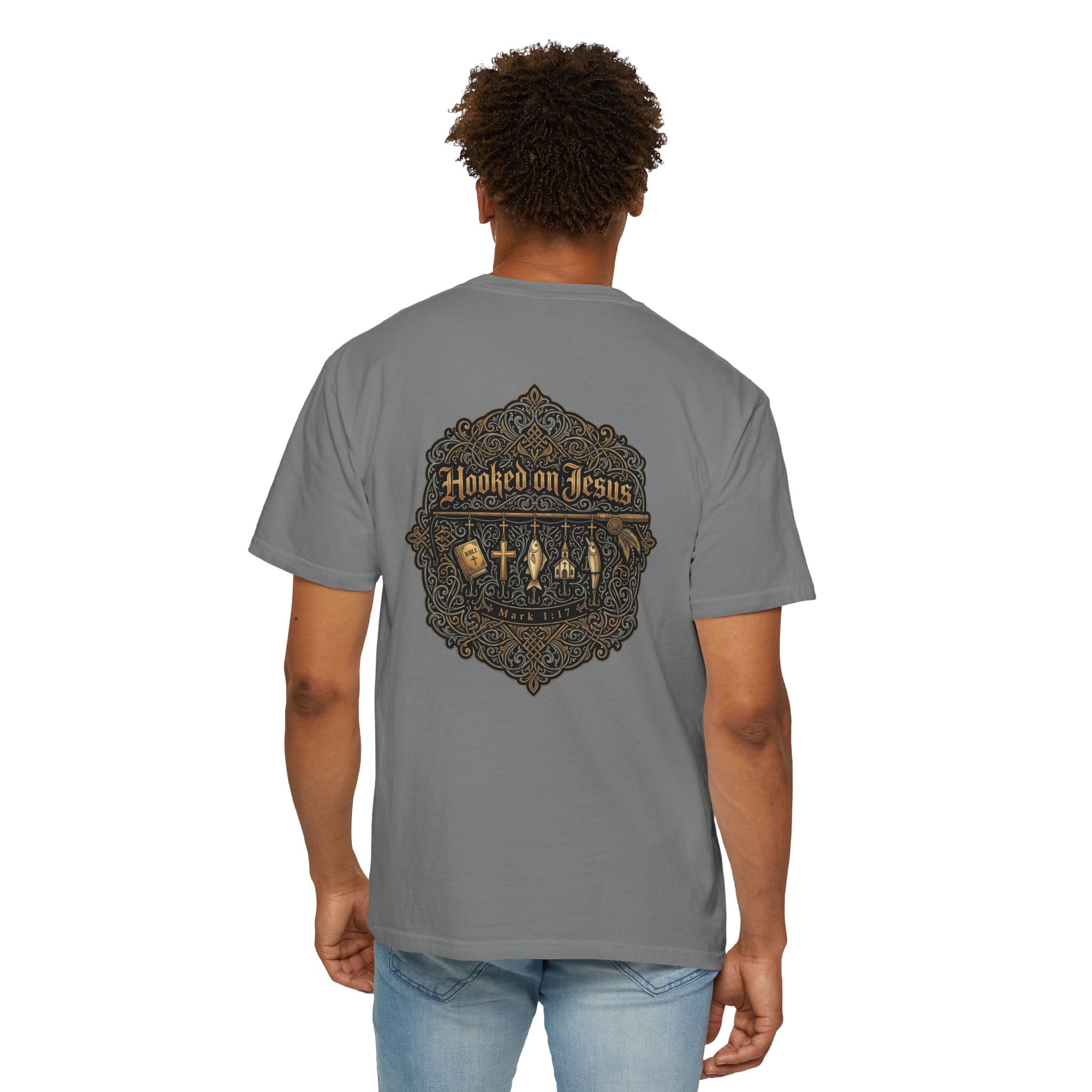 Hooked on Jesus T‑Shirt — Small Front Cross & Ornate Back Graphic