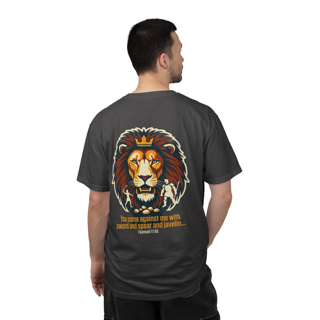 Christian Lion T-Shirt — 'You Came Against Me' 1 Samuel 17:45 Bible Tee