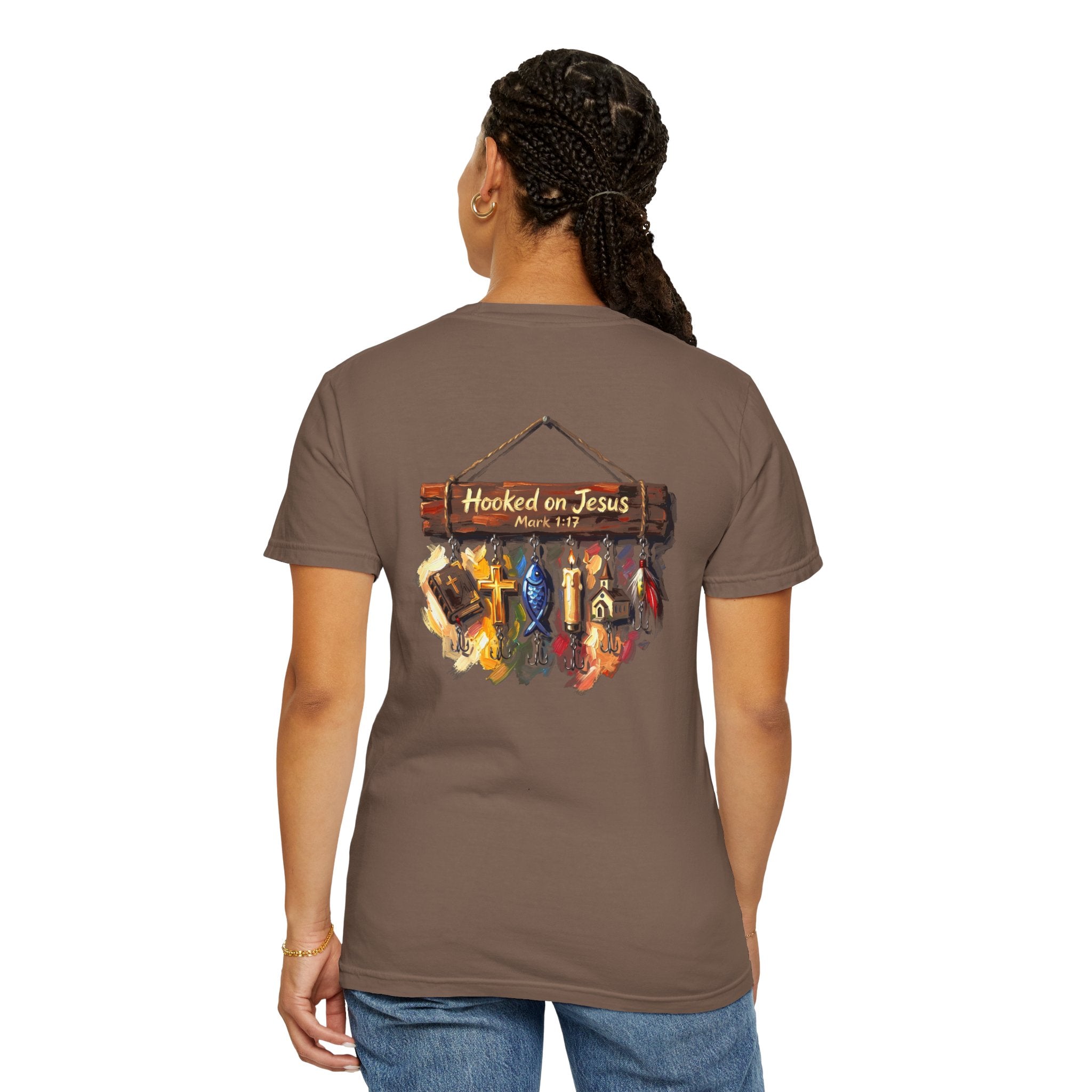 Christian Fishing T-Shirt — “Hooked on Jesus” Graphic Tee with Small Front Cross