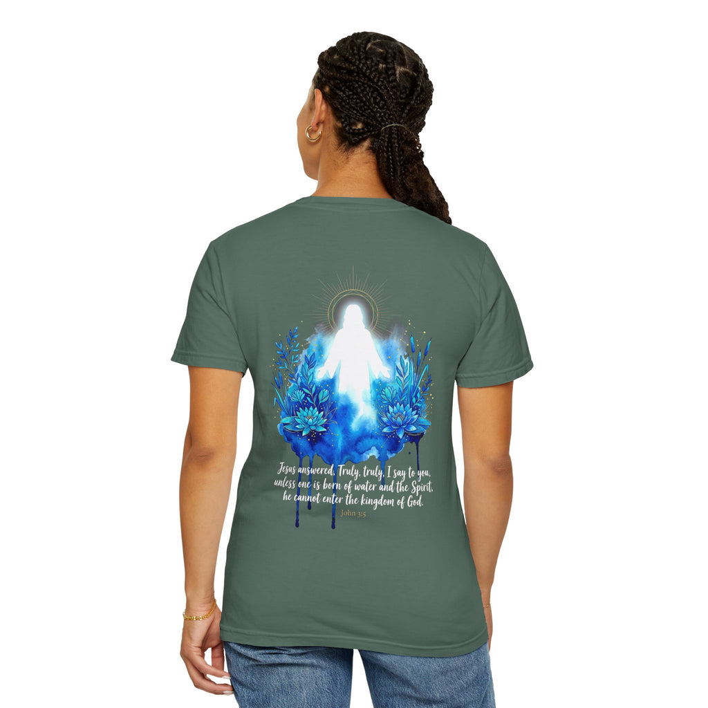 Christian T-Shirt — White Cross Front & Glowing Jesus Back with Blue Flowers (Religious Faith Tee)
