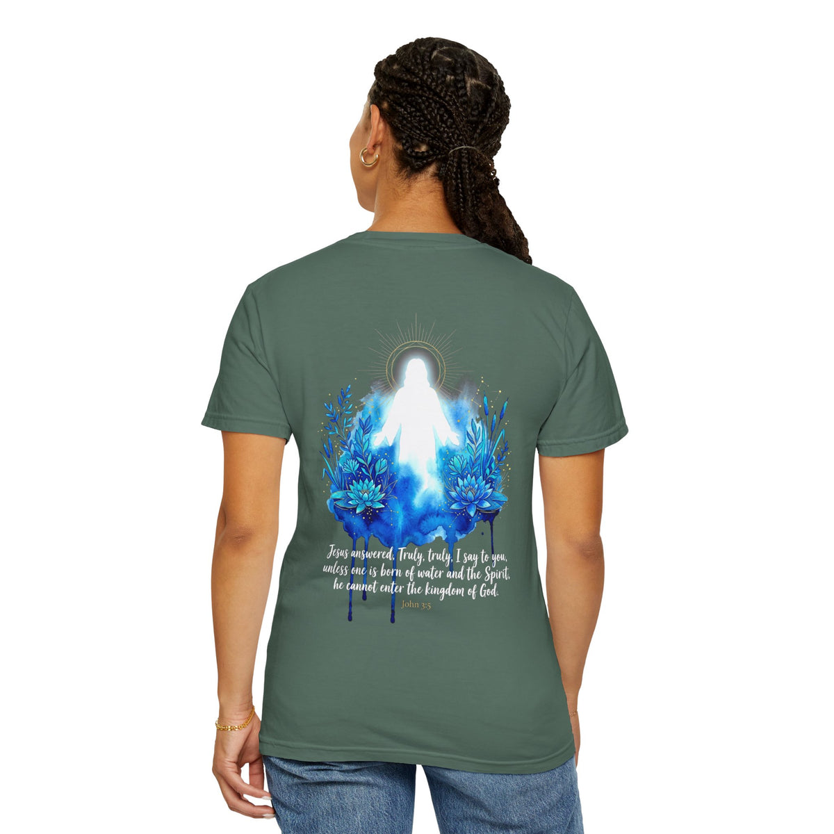Christian T-Shirt — White Cross Front & Glowing Jesus Back with Blue Flowers (Religious Faith Tee)