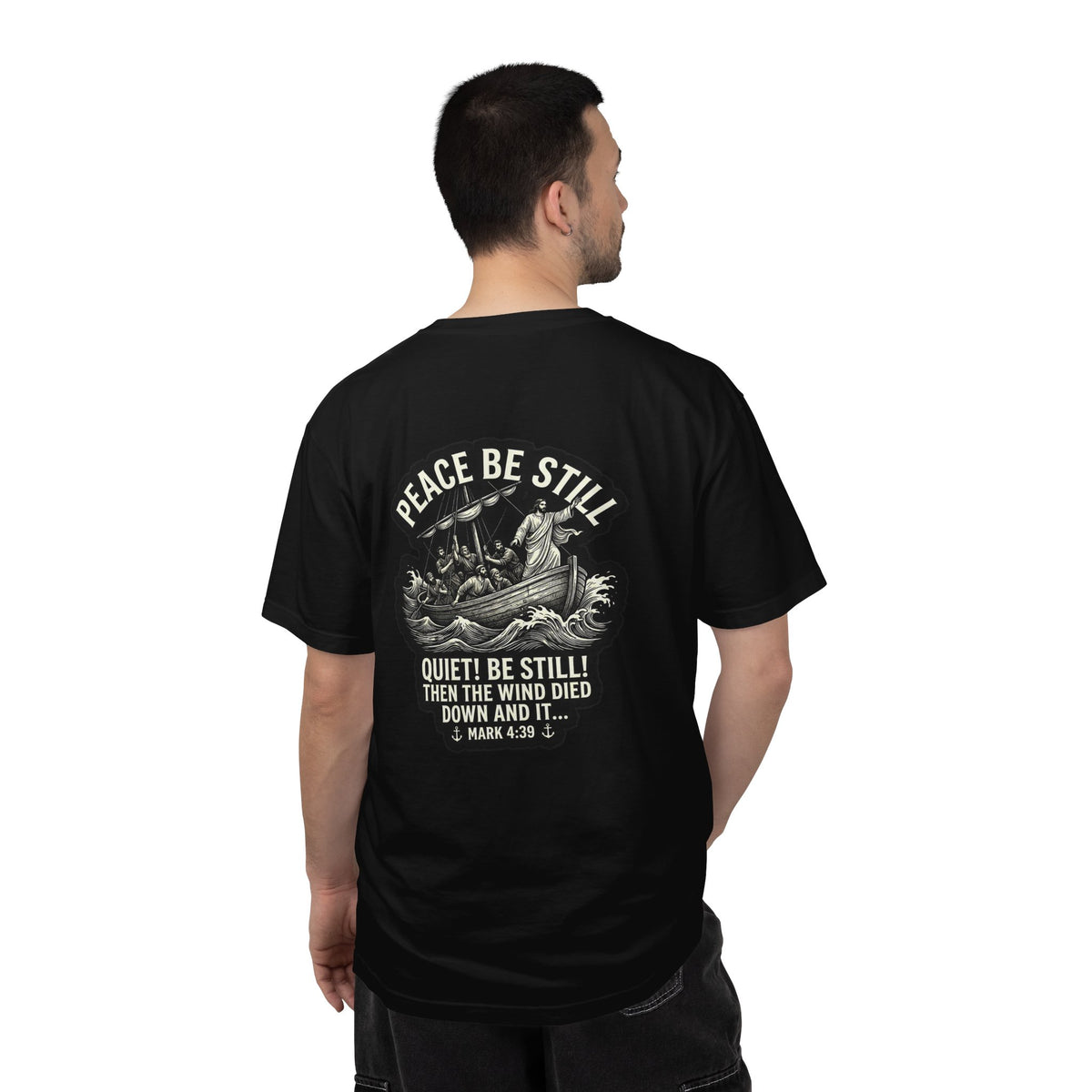 Christian T-Shirt — "Peace Be Still" Bible Verse Cross Tee