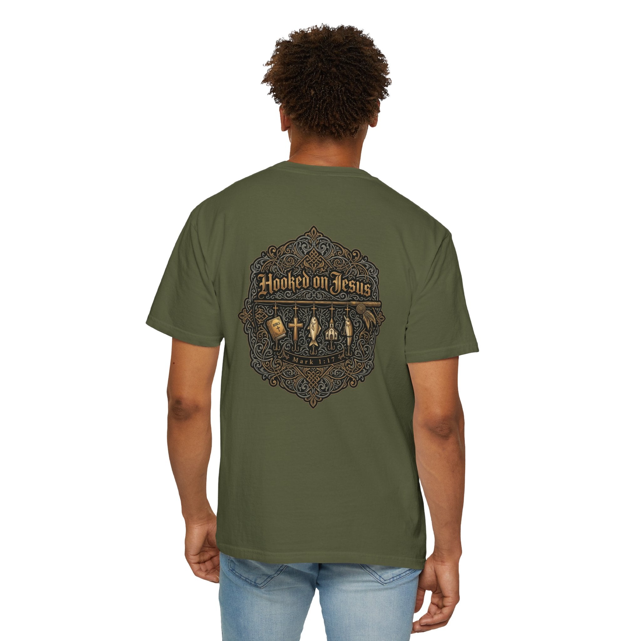 Hooked on Jesus T‑Shirt — Small Front Cross & Ornate Back Graphic