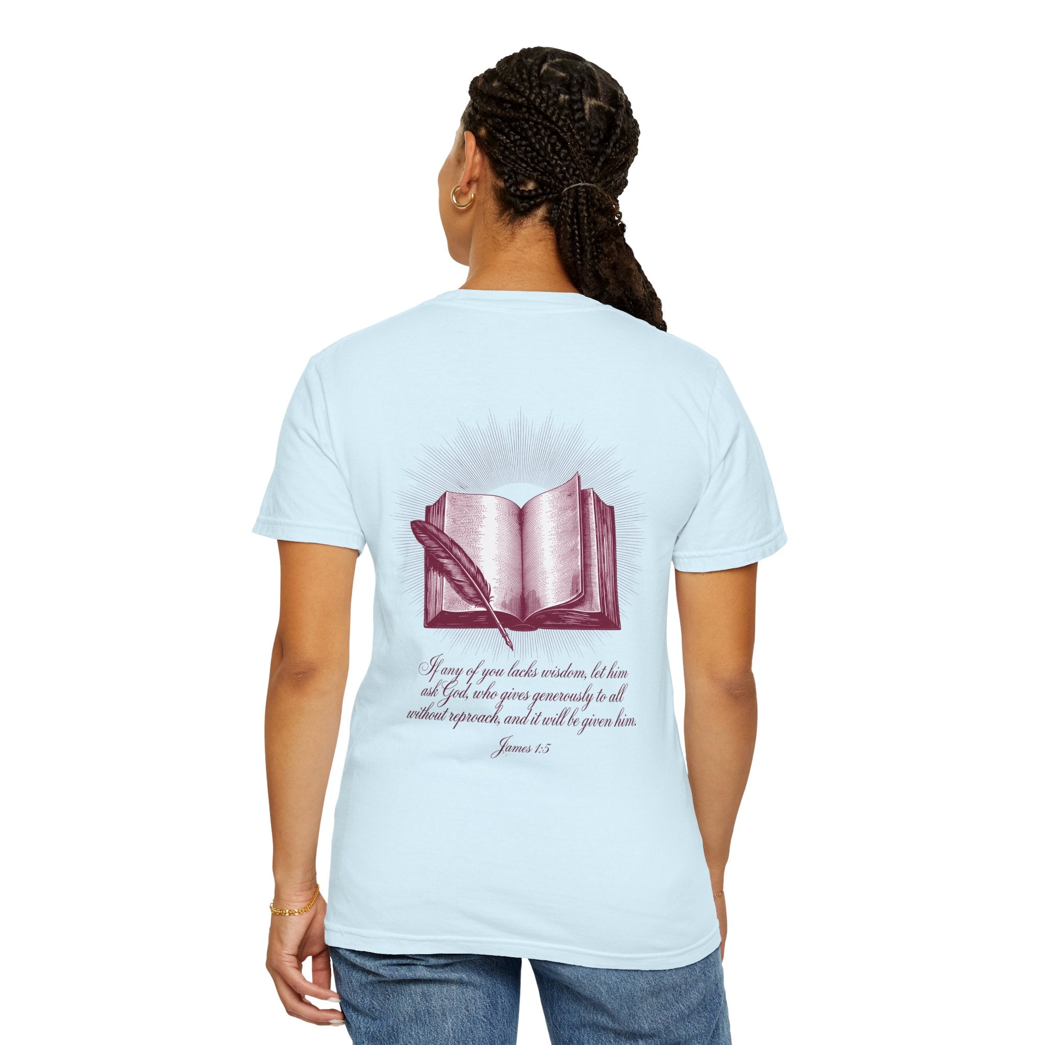 Christian Cross T-Shirt — Illustrated Bible Back Print with James 1:5 Quote