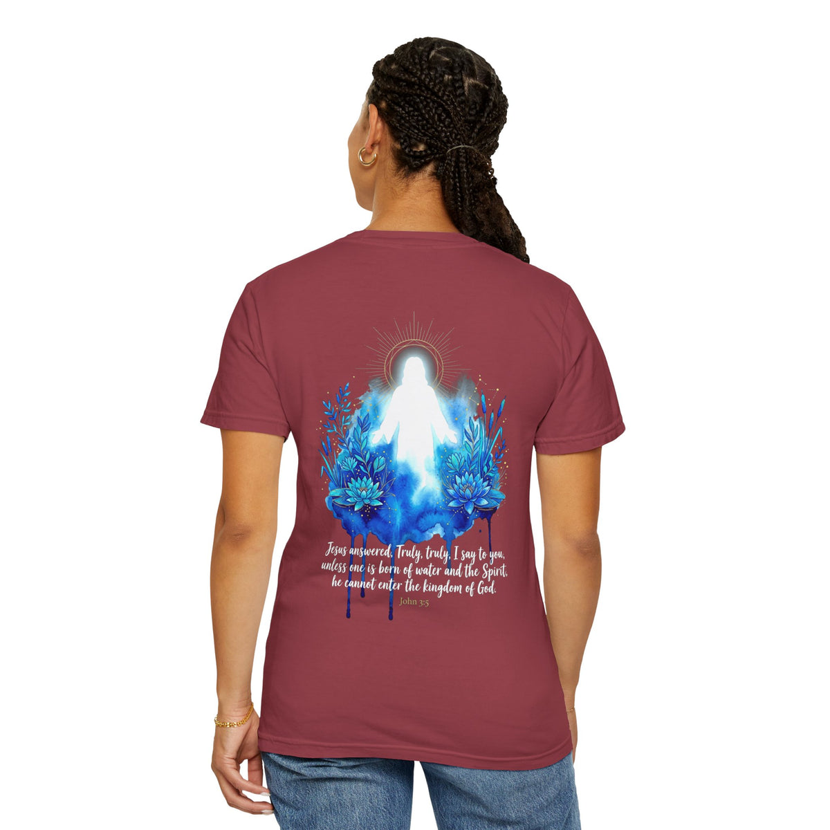 Christian T-Shirt — White Cross Front & Glowing Jesus Back with Blue Flowers (Religious Faith Tee)