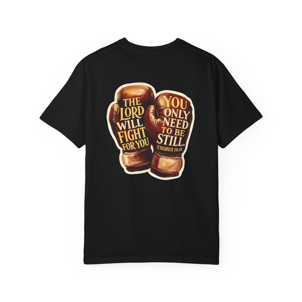 Christian Cross T-Shirt — “The Lord Will Fight For You / Be Still” Boxing Gloves Graphic