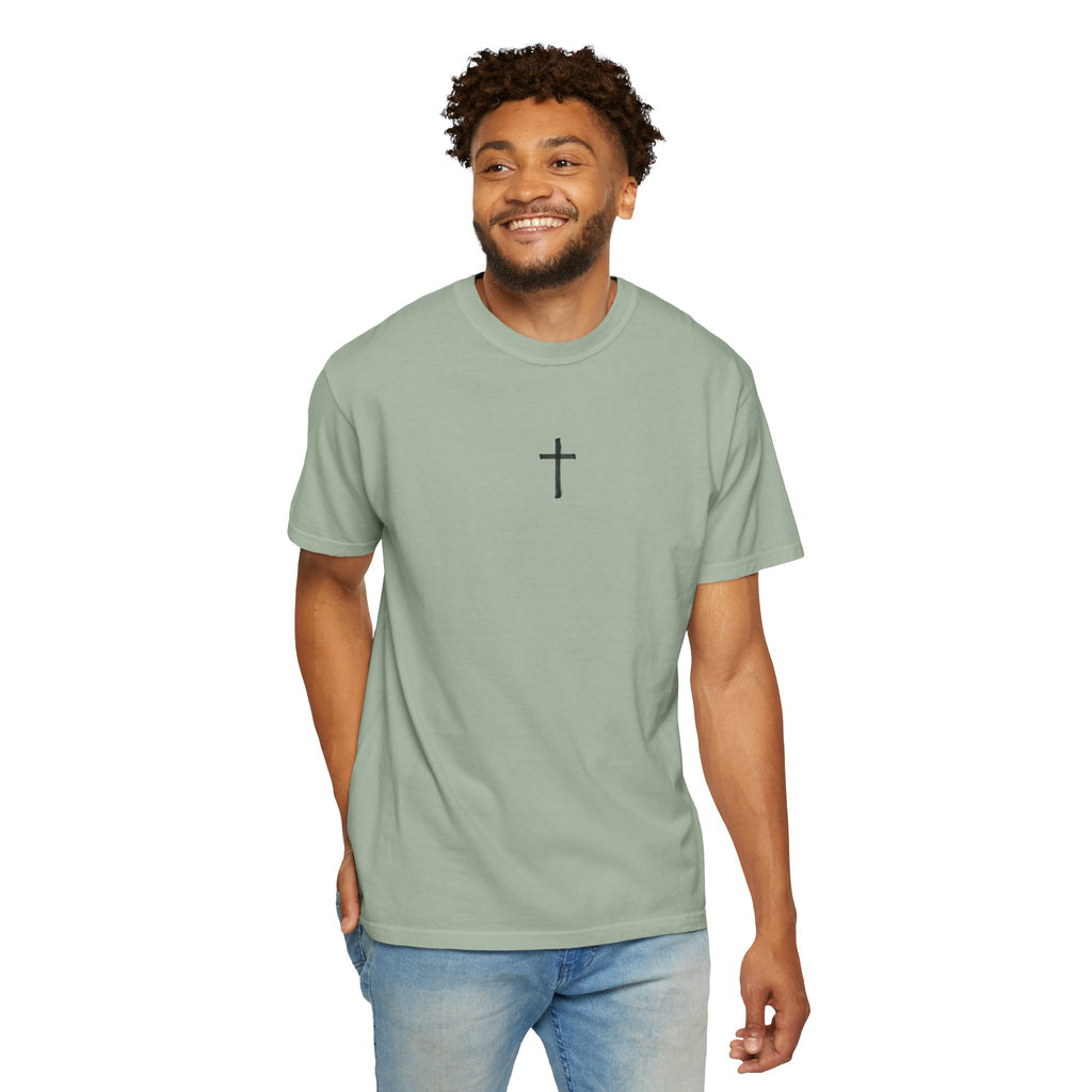 Christian Cross T-Shirt — Resurrection Tomb Design with John 11:25 Scripture