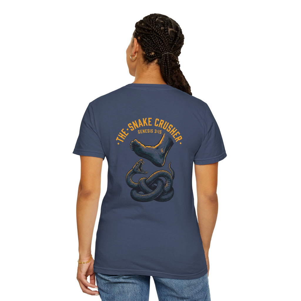 Snake Crusher T‑Shirt — Foot Crushing Serpent Graphic with Cross