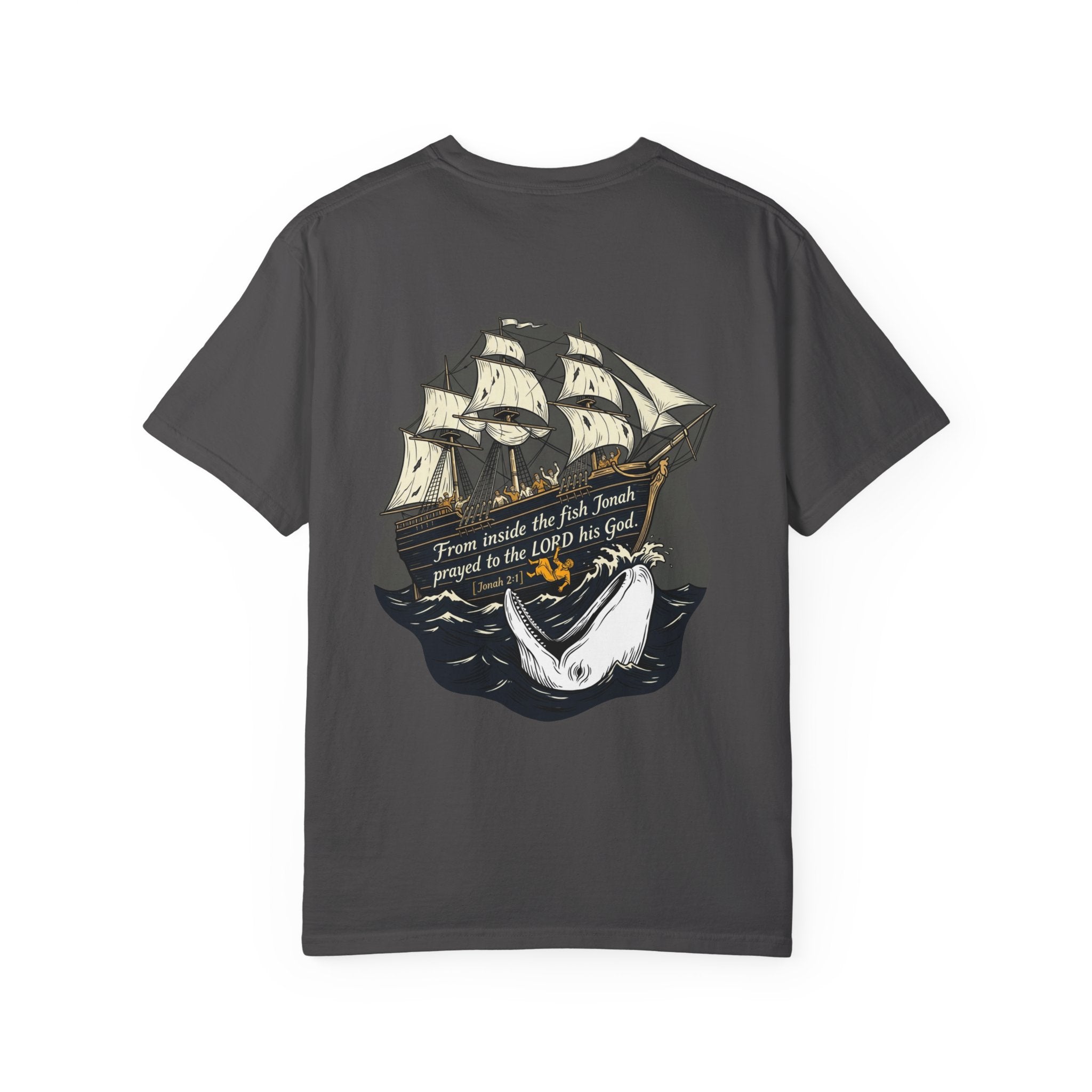 Christian Ship & Whale T-Shirt — 'From inside the fish Jonah prayed to the LORD his God' Chest Cross