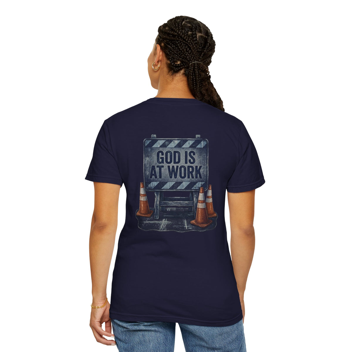 Christian T-Shirt — “God Is At Work” Tee with Cross Graphic