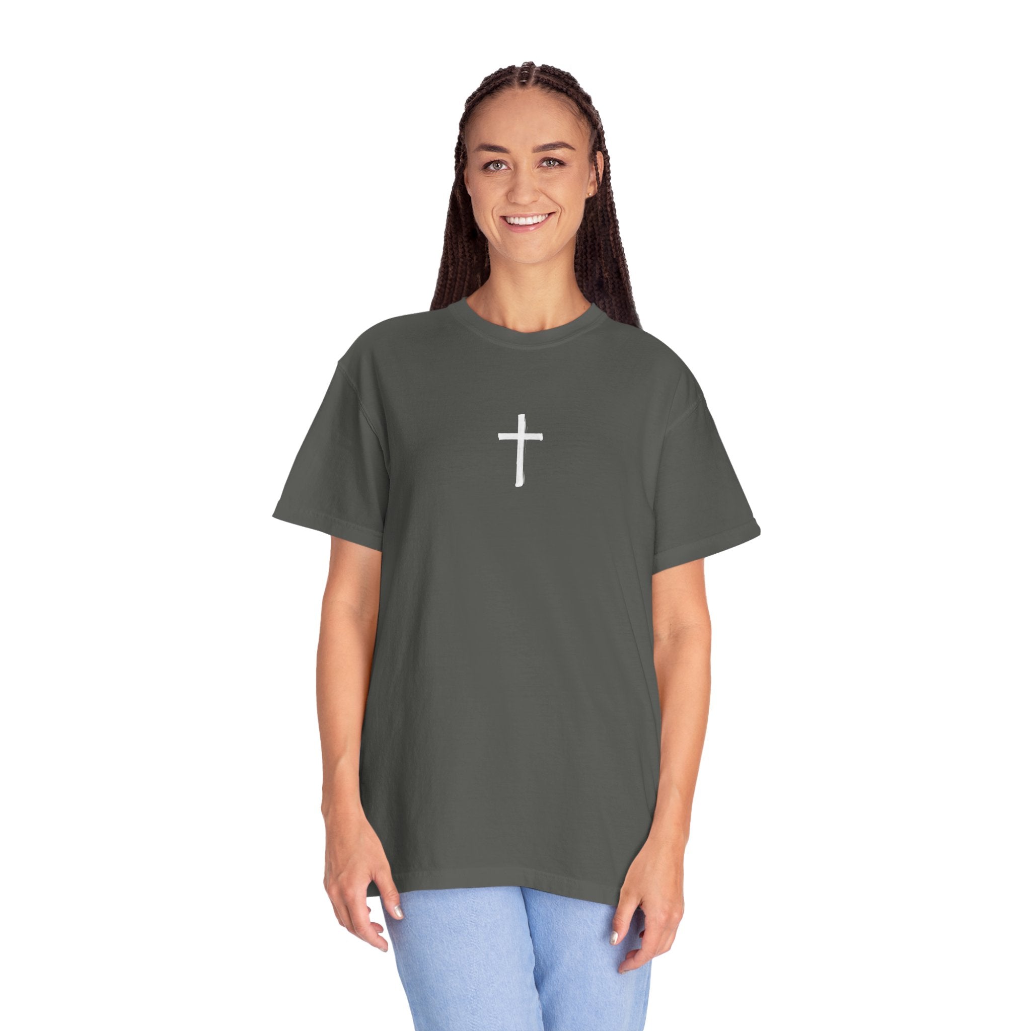Christian Cross T-Shirt — "The harvest is plentiful, but the laborers are few" Back Graphic
