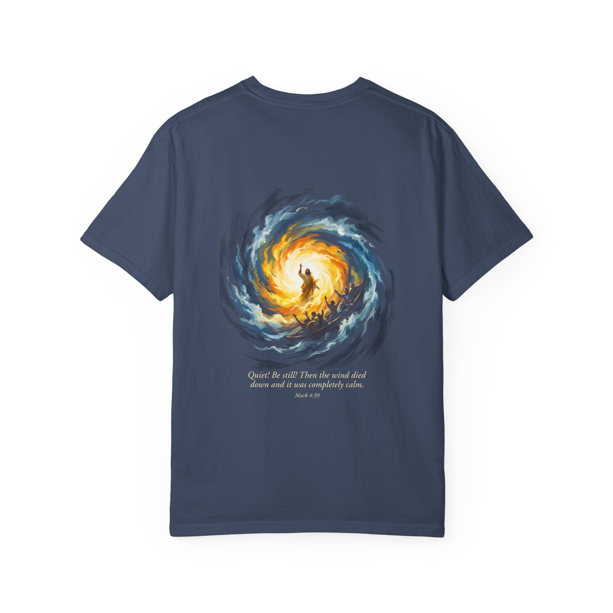 Christian T‑Shirt — Small Chest Cross & 'Quiet Be Still' Scripture Back Design