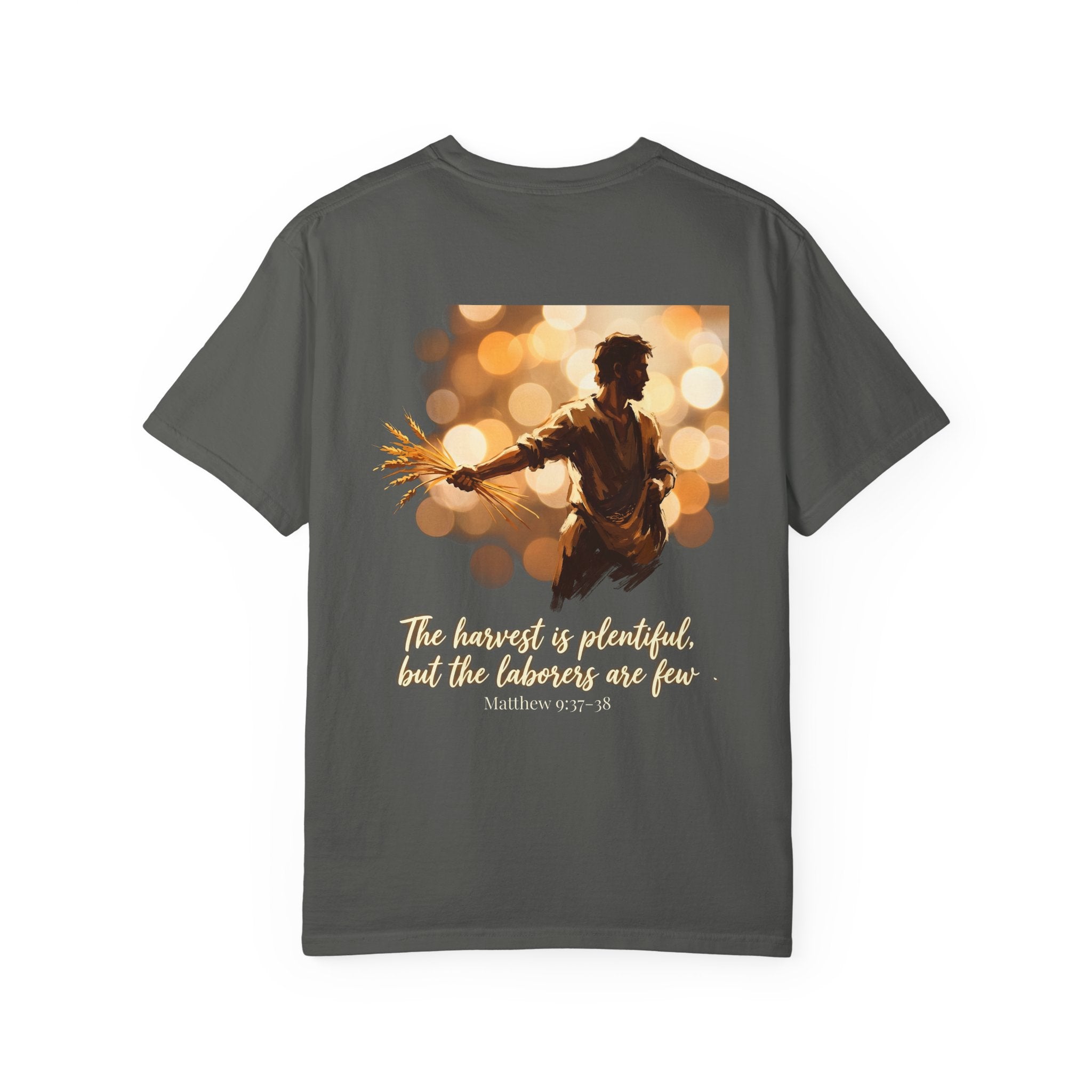 Christian Cross T-Shirt — "The harvest is plentiful, but the laborers are few" Back Graphic