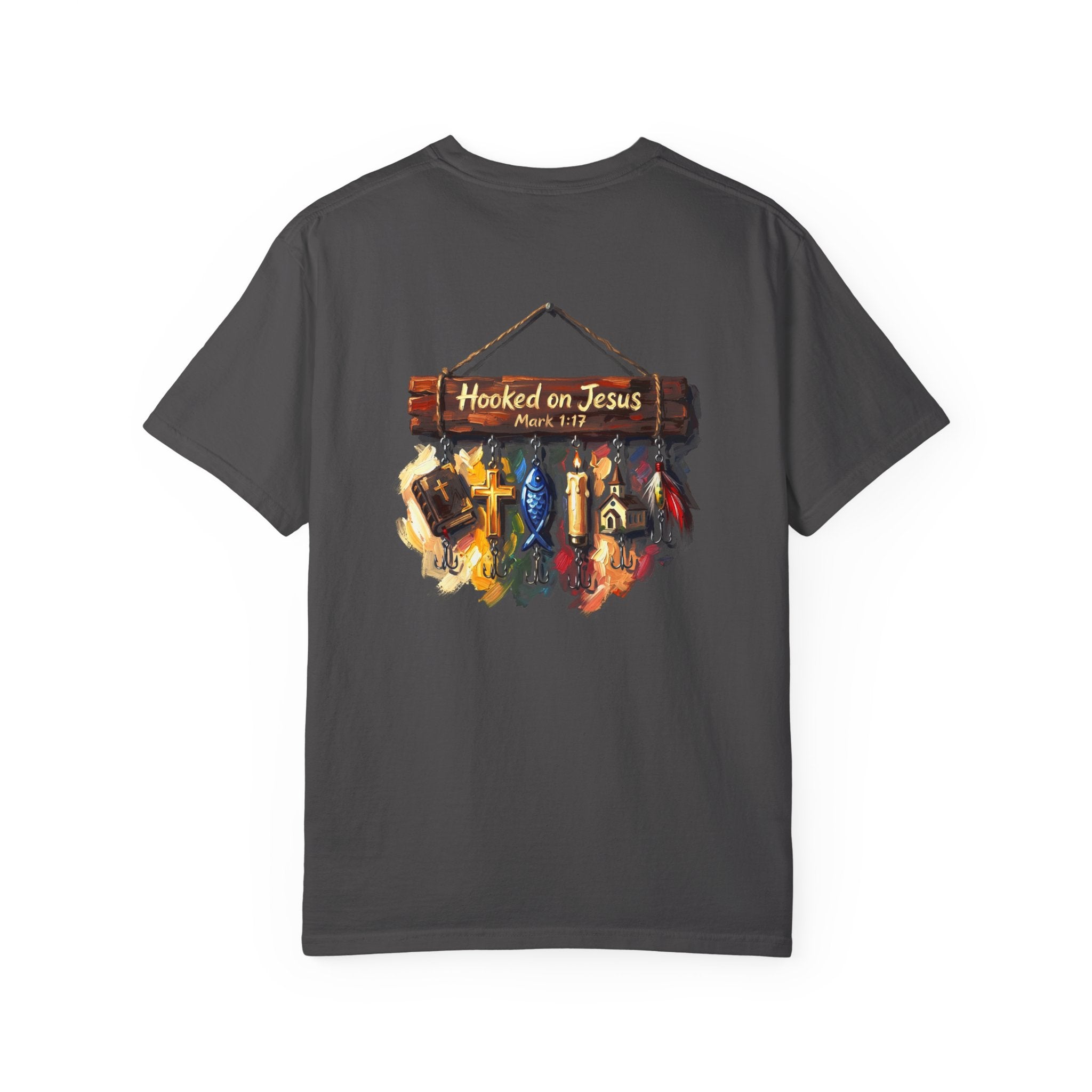 Christian Fishing T-Shirt — “Hooked on Jesus” Graphic Tee with Small Front Cross