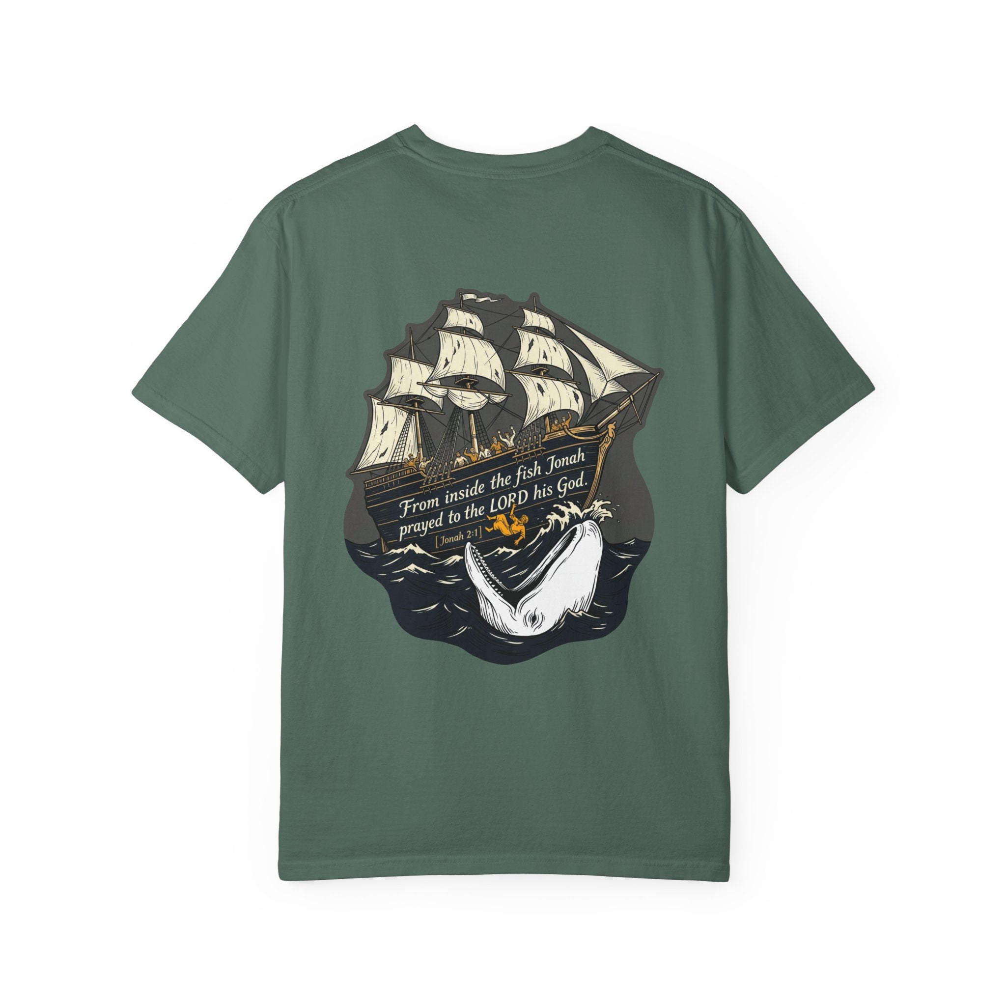Christian Ship & Whale T-Shirt — 'From inside the fish Jonah prayed to the LORD his God' Chest Cross