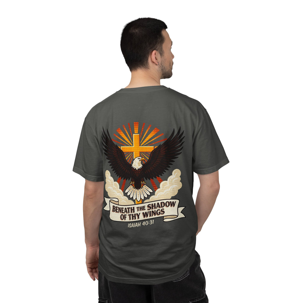Christian Eagle Cross T‑Shirt — "Beneath the Shadow of Thy Wings" (Isaiah 40:3)