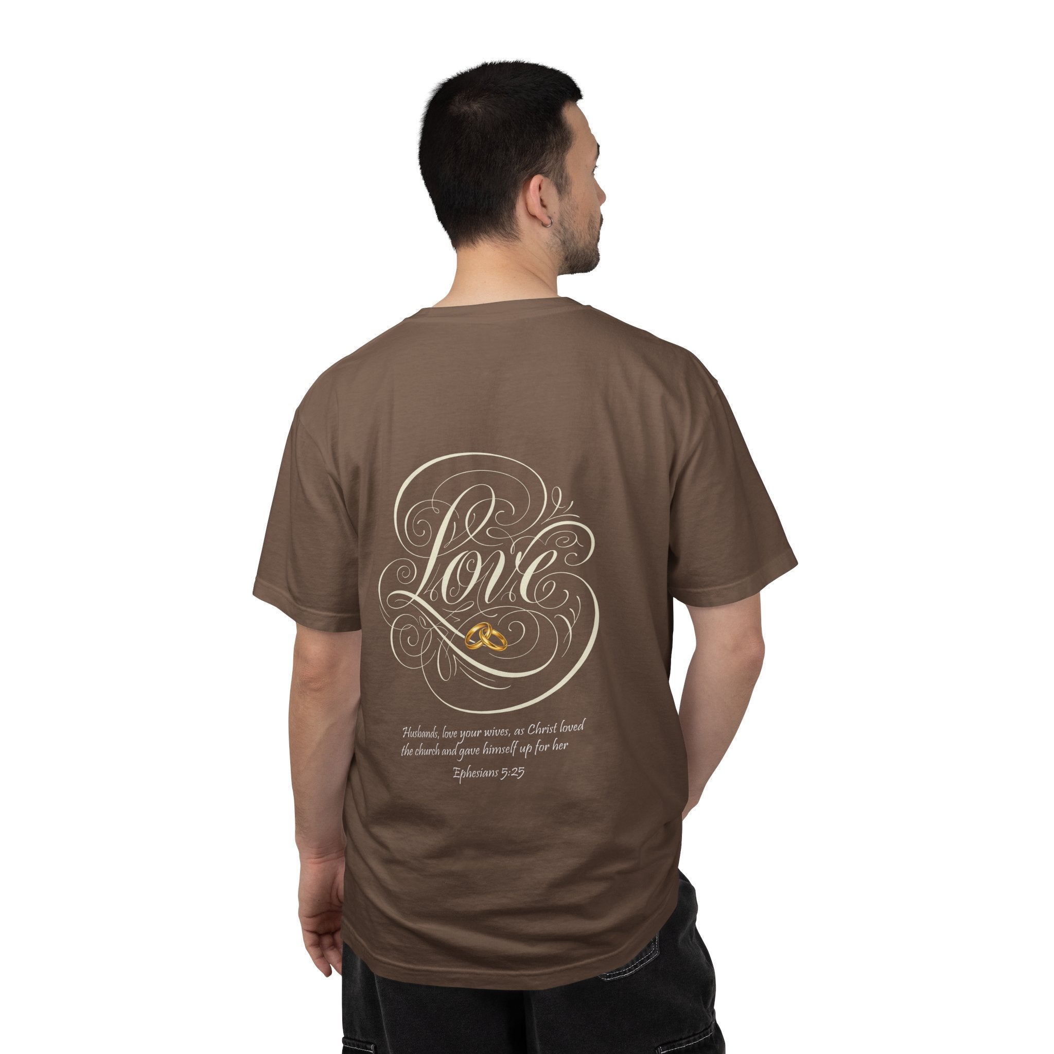 Christian Love Tee — Scripture Cross Back Design (1 John 4:19)