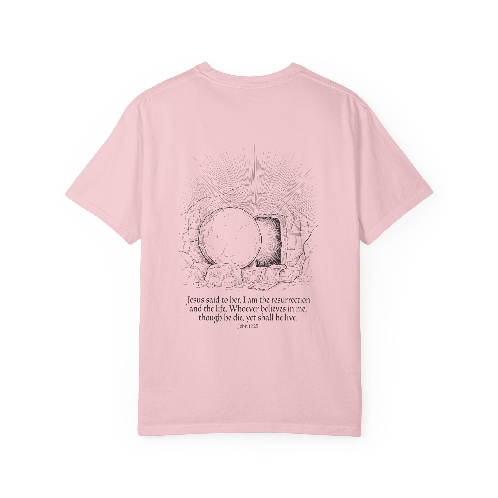 Christian Cross T-Shirt — Resurrection Tomb Design with John 11:25 Scripture