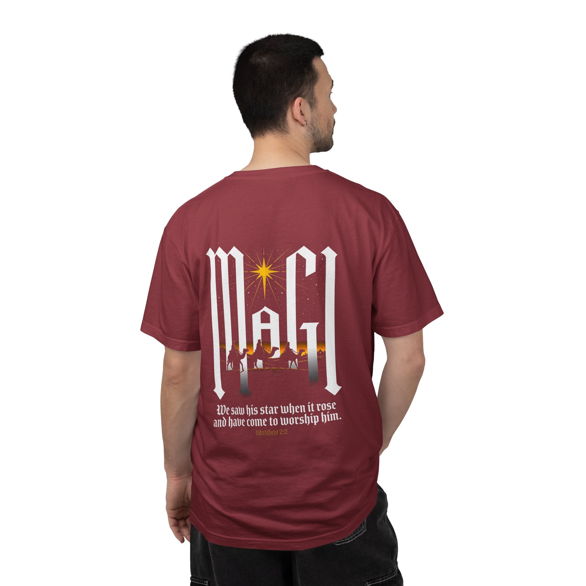 Christian Cross T-Shirt — 'We Saw His Star' Nativity Backprint Tee