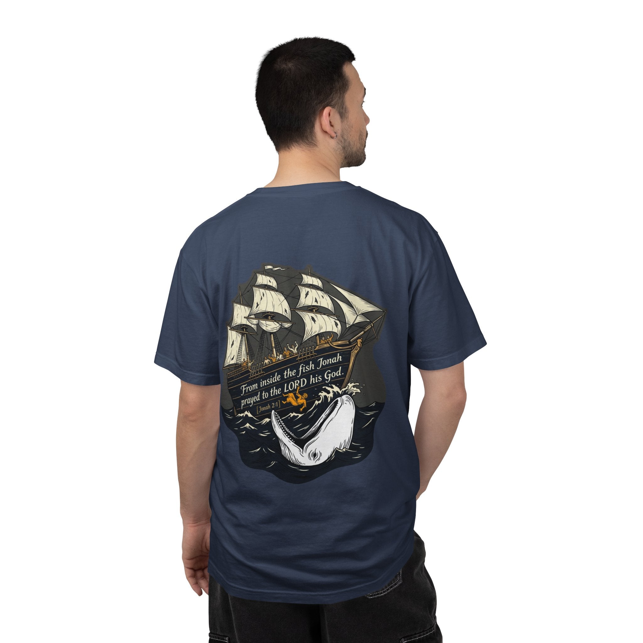 Christian Ship & Whale T-Shirt — 'From inside the fish Jonah prayed to the LORD his God' Chest Cross