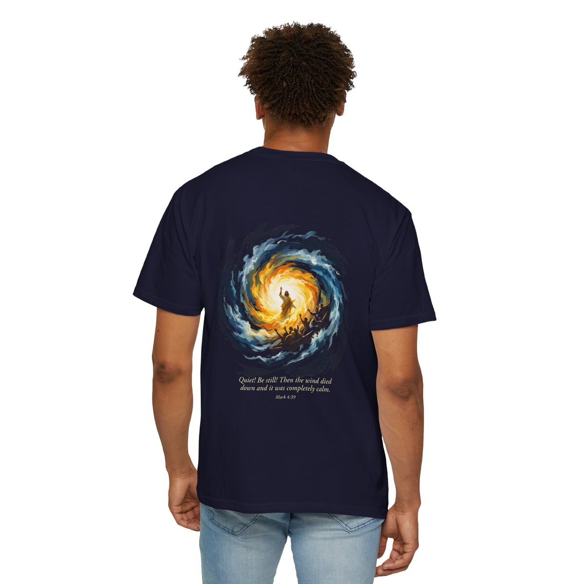 Christian T‑Shirt — Small Chest Cross & 'Quiet Be Still' Scripture Back Design