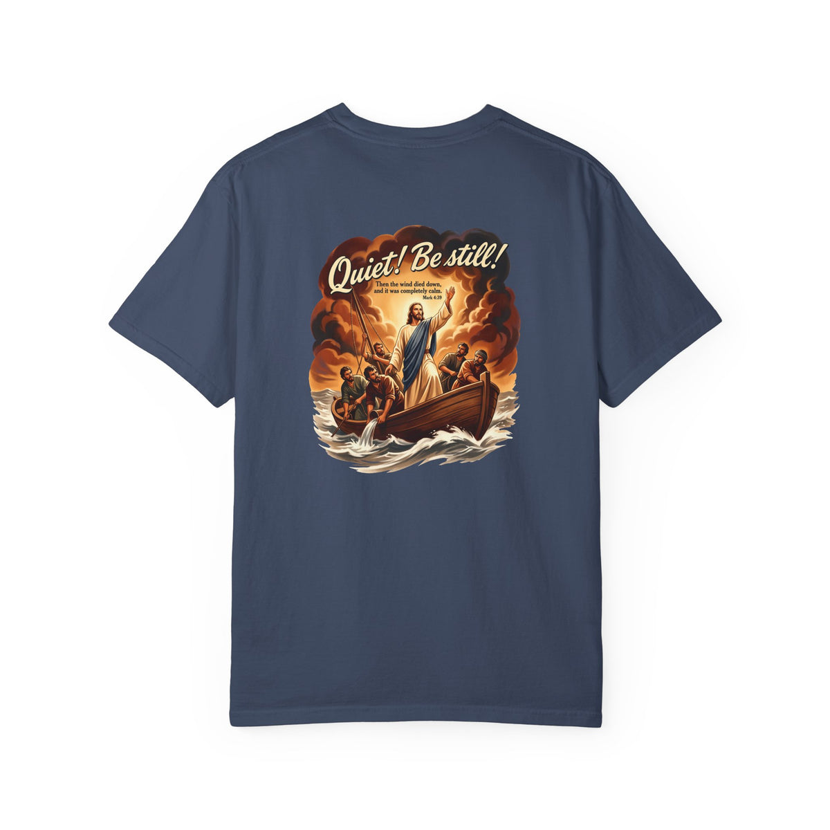 Christian Cross T-Shirt — "Quiet! Be Still" Graphic Faith Tee — Christian graphic back print