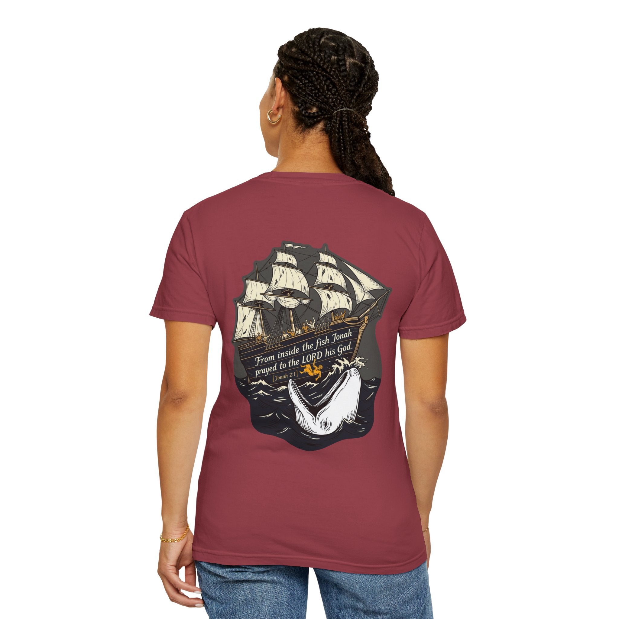 Christian Ship & Whale T-Shirt — 'From inside the fish Jonah prayed to the LORD his God' Chest Cross