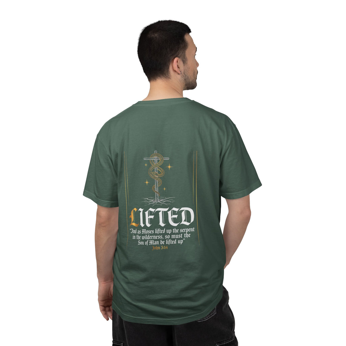 Christian Cross T-Shirt — "Lifted" Inspirational Gospel Tee with Scripture Back Design