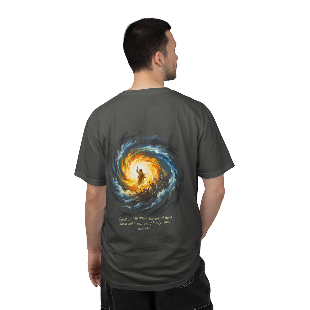 Christian T‑Shirt — Small Chest Cross & 'Quiet Be Still' Scripture Back Design