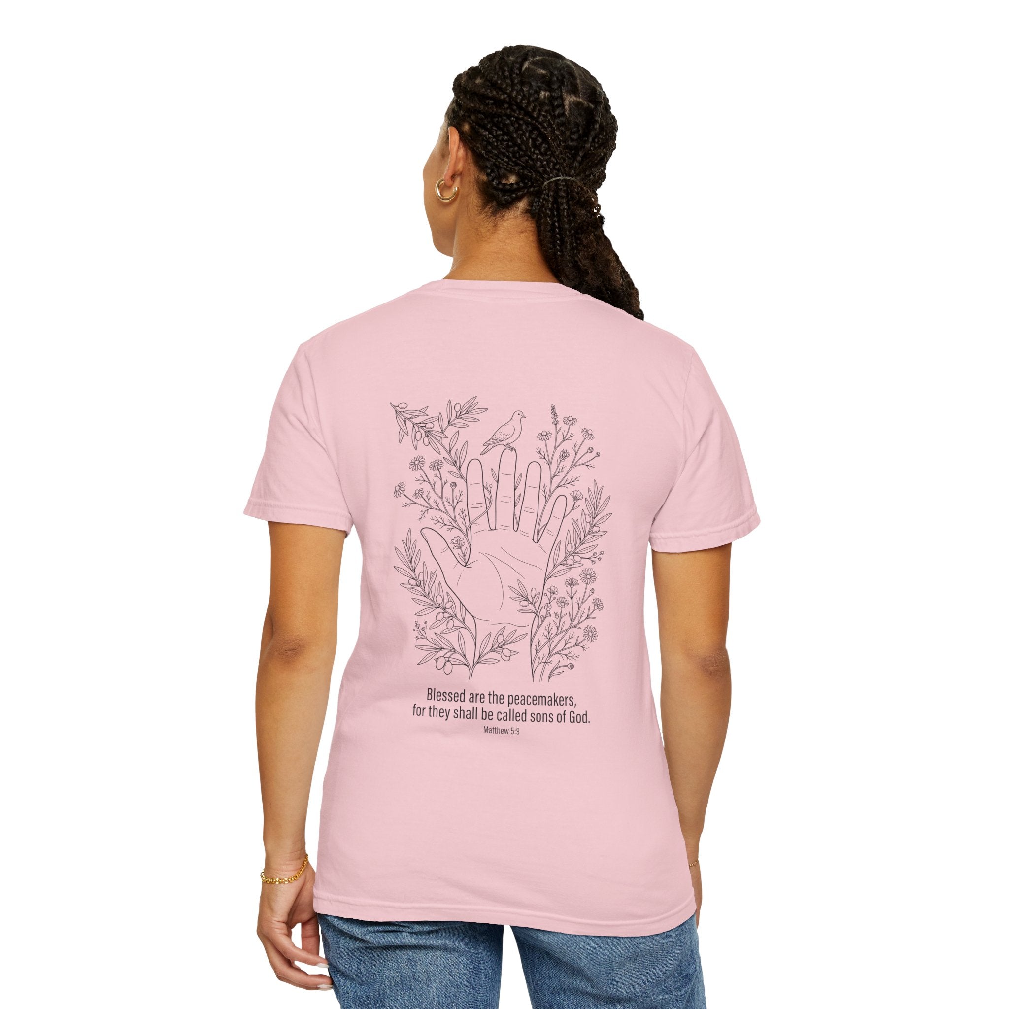 Faith Floral T-Shirt — Three Crosses Front with ‘Blessed are the Peacemakers’ Floral Back