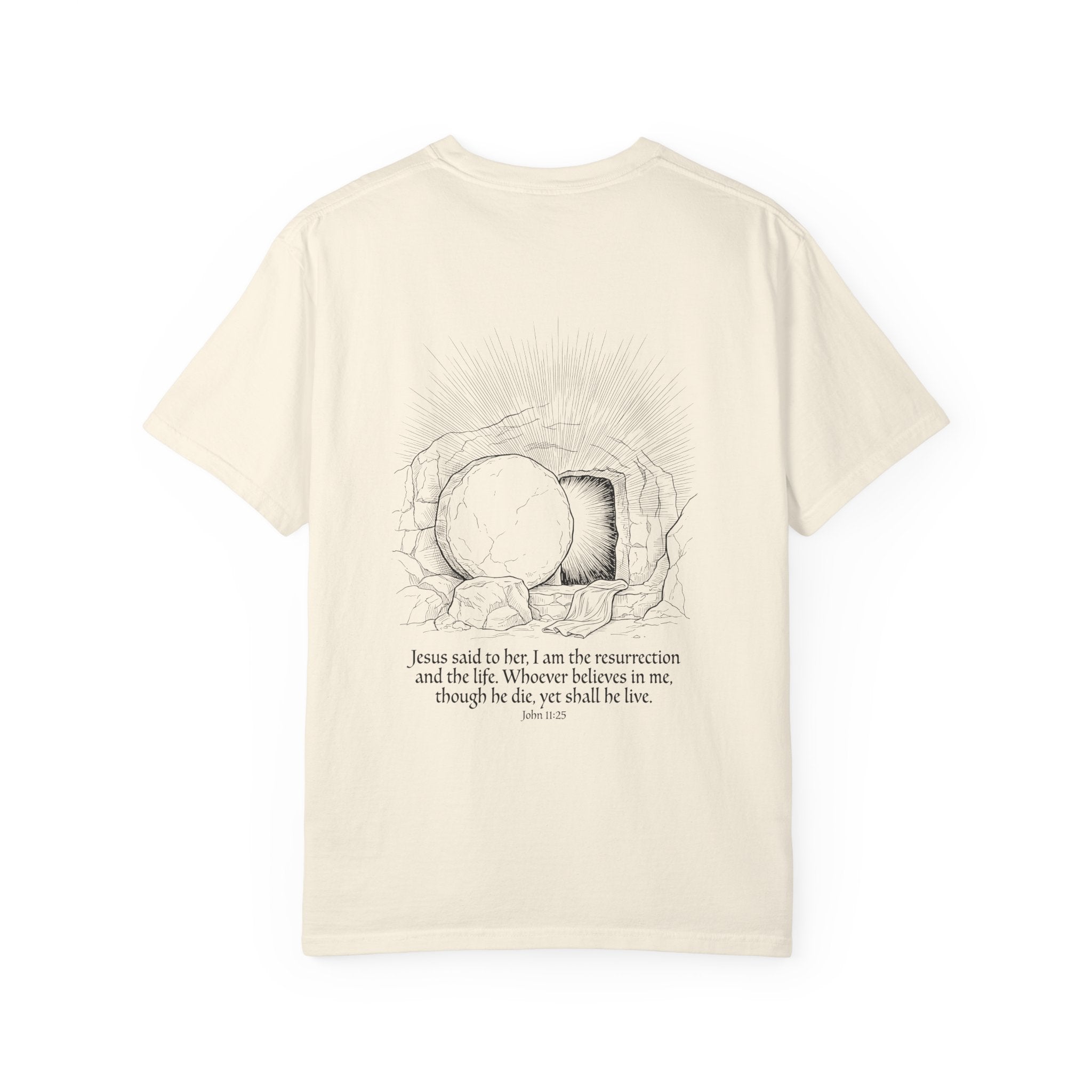 Christian Cross T-Shirt — Resurrection Tomb Design with John 11:25 Scripture