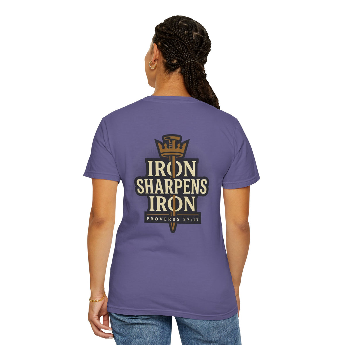 Iron Sharpens Iron T-Shirt — Small Cross Front, Proverbs 27:17 Back