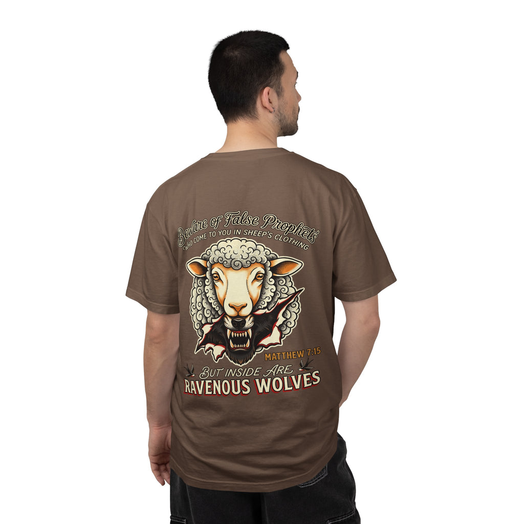 Ravenous Wolves Sheep Graphic T-Shirt — Matthew 7:15 Christian Cross Tee