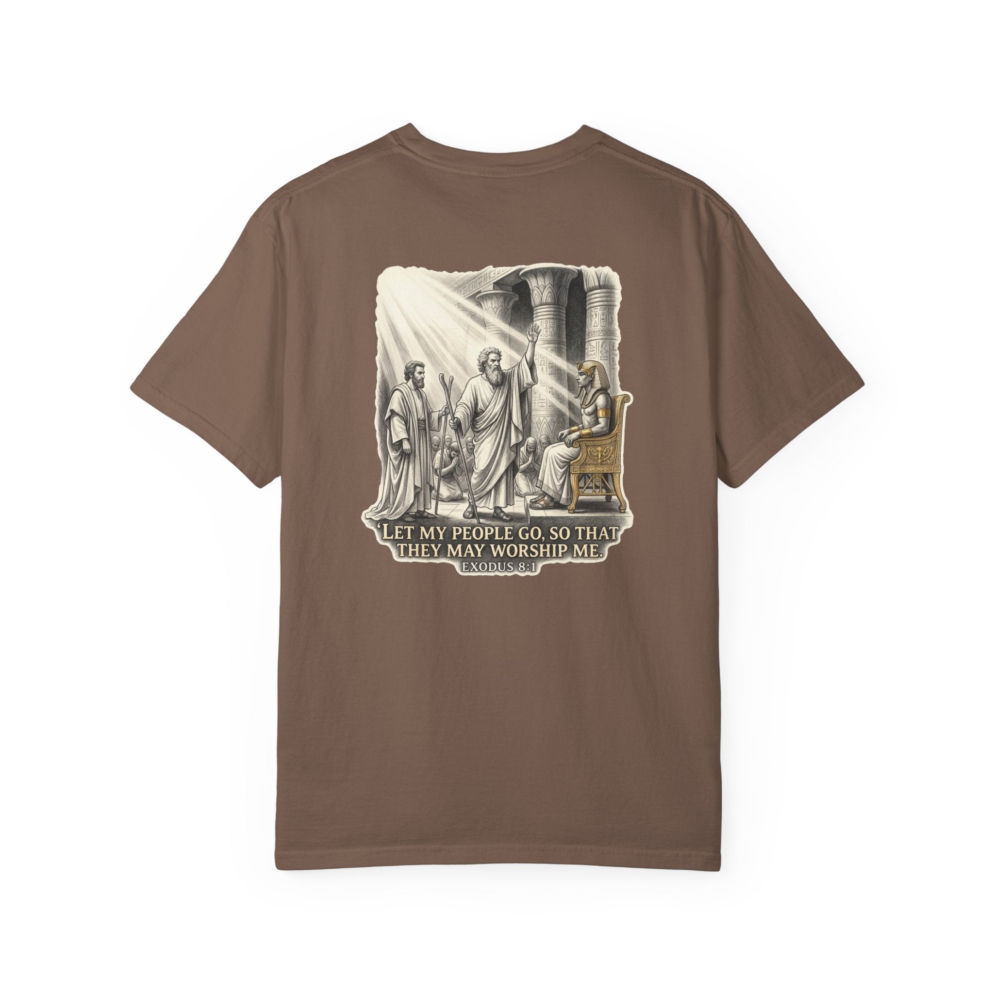 Religious T-Shirt — Small Cross Front & 'Let My People Go' Back Graphic