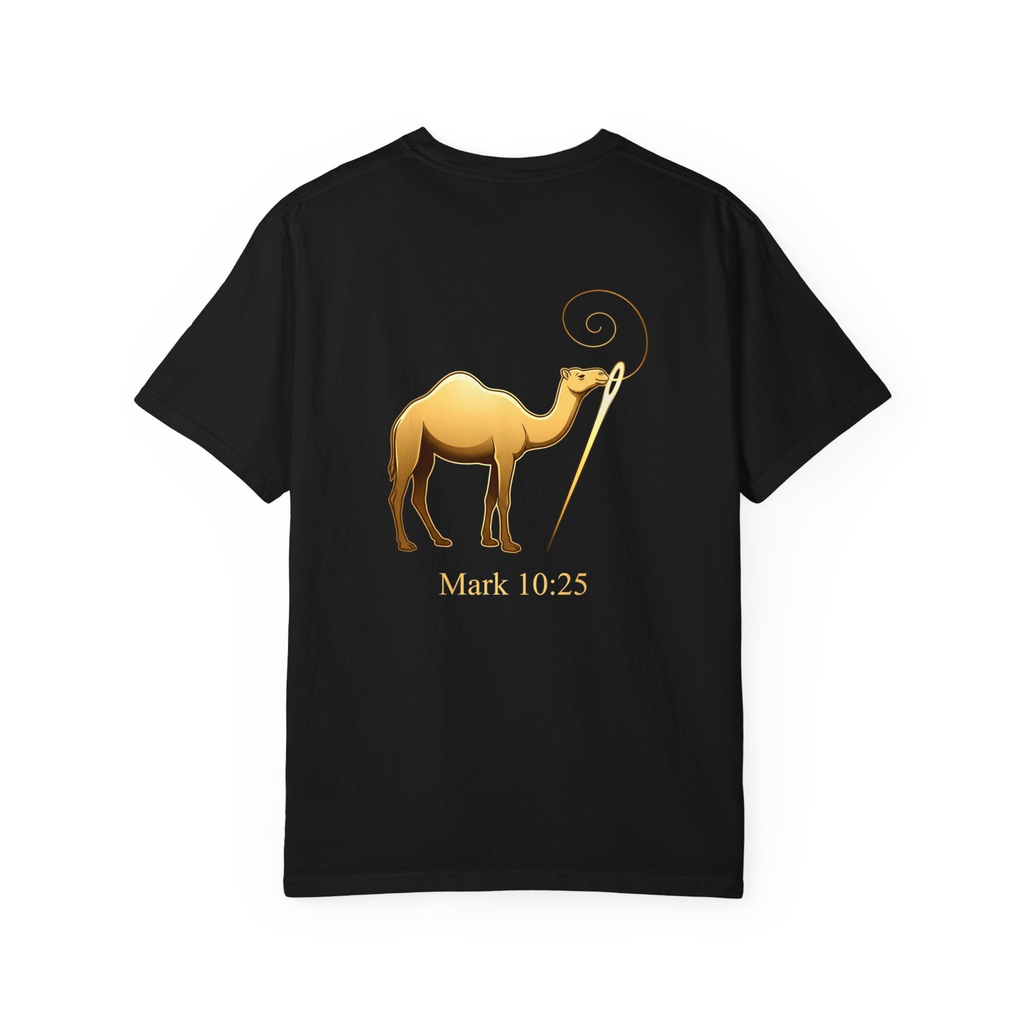 Christian Cross T-Shirt with Gold Camel & "Mark 10:25" Back — Religious Faith Tee