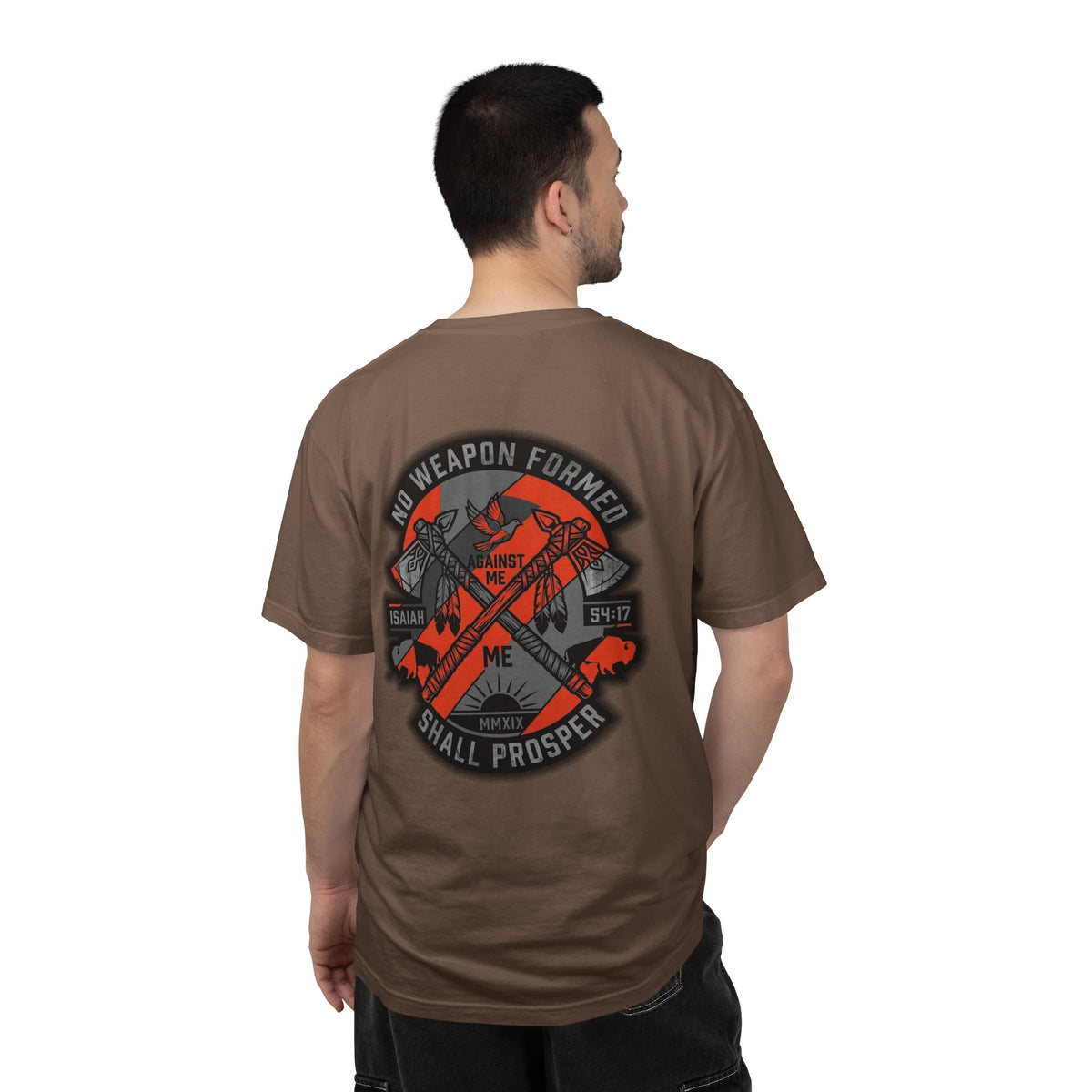 Faith Cross T-Shirt — “No Weapon Formed Shall Prosper” Back Graphic