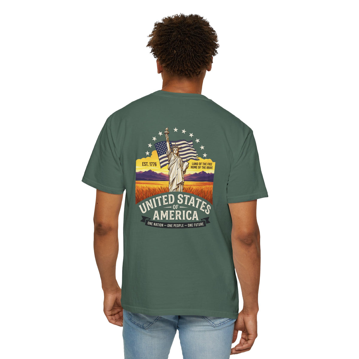 America Graphic T-Shirt — United States Vintage Statue of Liberty Back Print