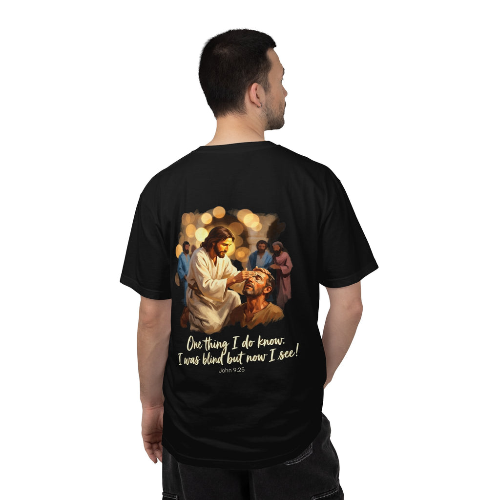 Christian T-Shirt — Jesus Healing the Blind "One thing I do know: I was blind but now I see"