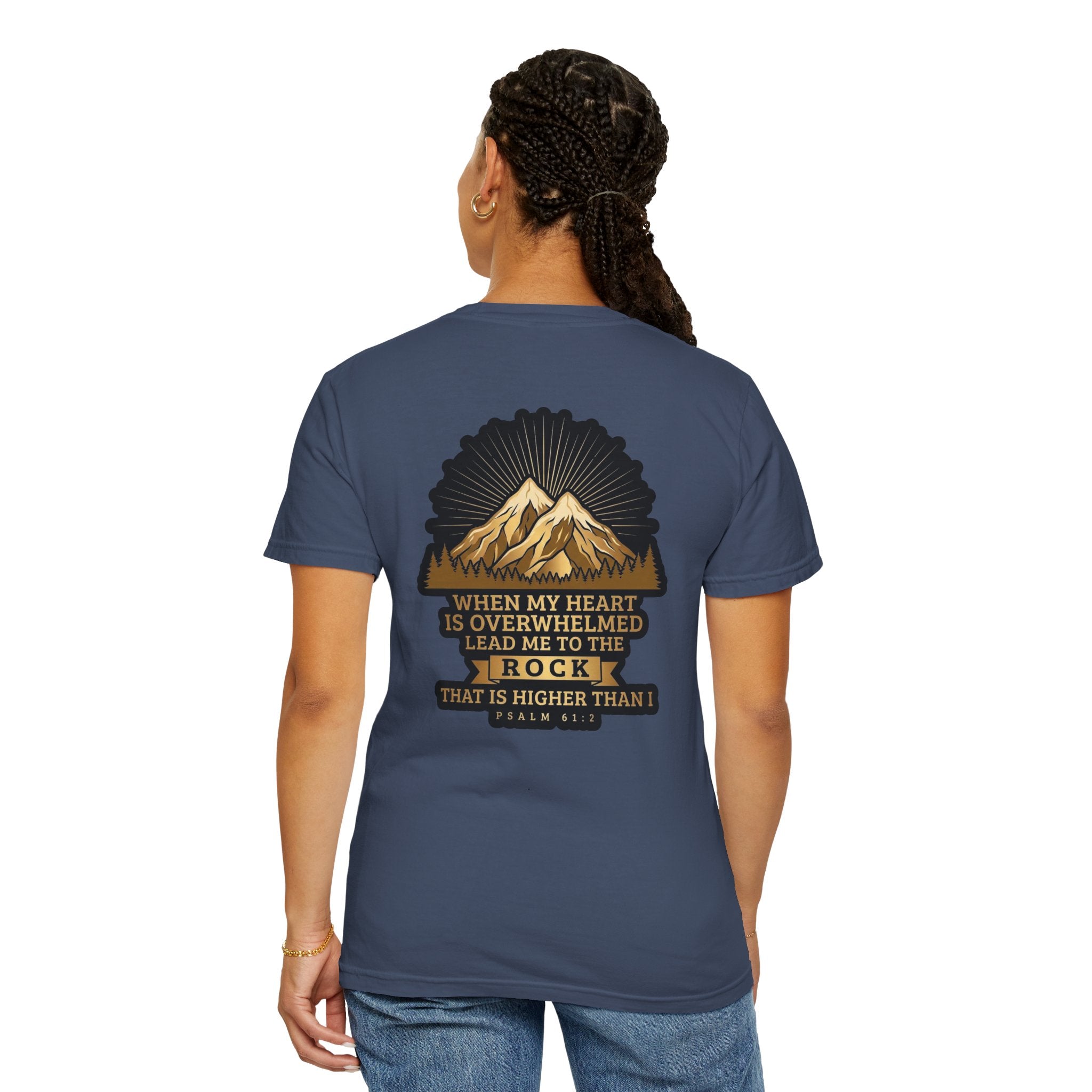 Christian T-Shirt — "When My Heart Is Overwhelmed" Psalm 61:2 Mountain Cross Tee