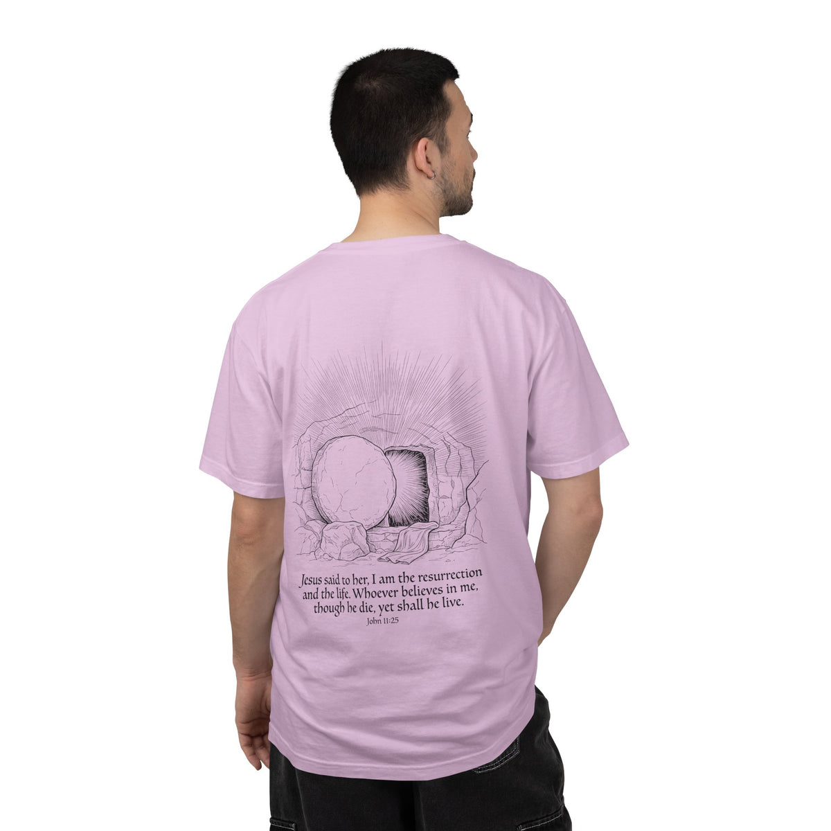 Christian Cross T-Shirt — Resurrection Tomb Design with John 11:25 Scripture