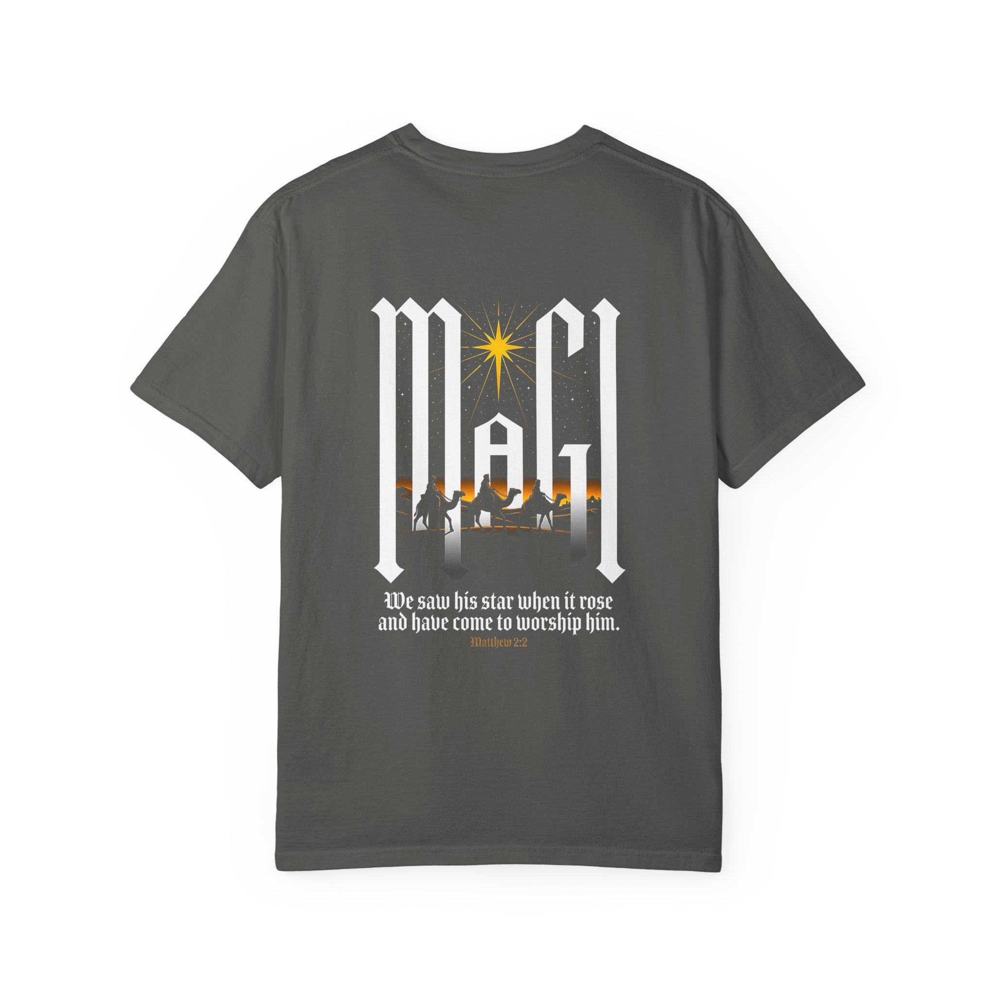 Christian Cross T-Shirt — 'We Saw His Star' Nativity Backprint Tee