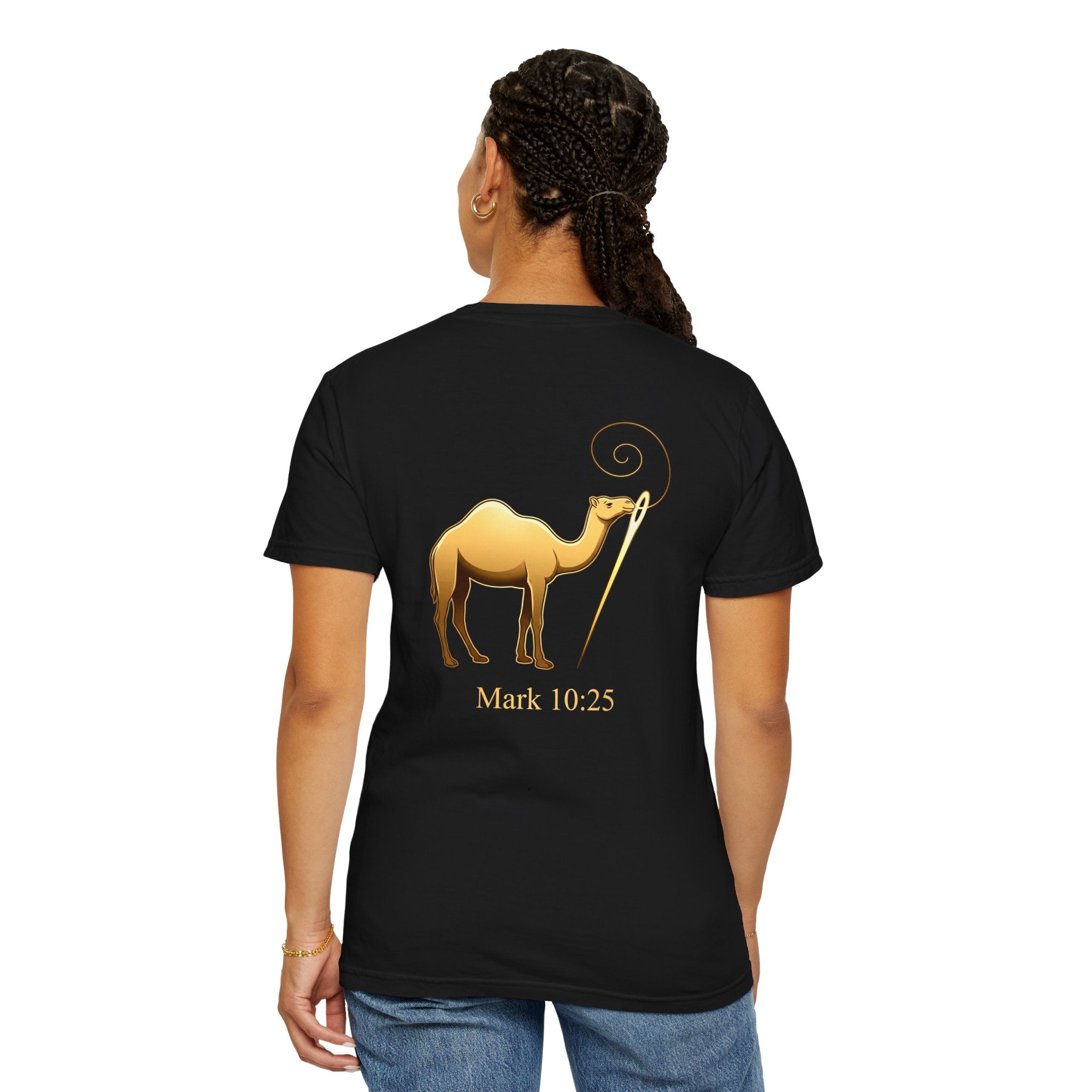 Christian Cross T-Shirt with Gold Camel & "Mark 10:25" Back — Religious Faith Tee
