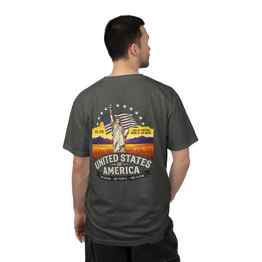 America Graphic T-Shirt — United States Vintage Statue of Liberty Back Print